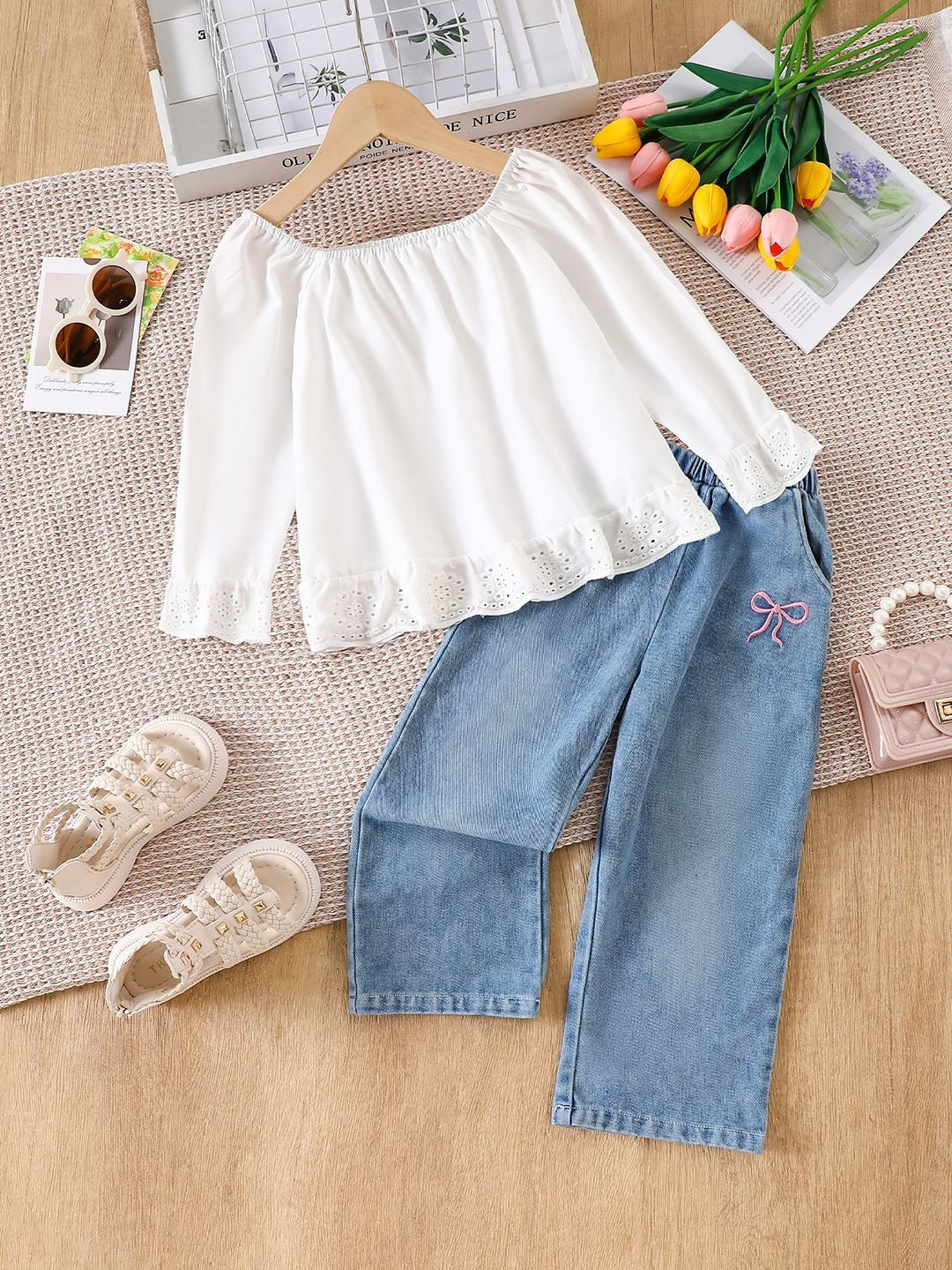 YK Girls Off-Shoulder Neck Long Sleeves Top With Trousers