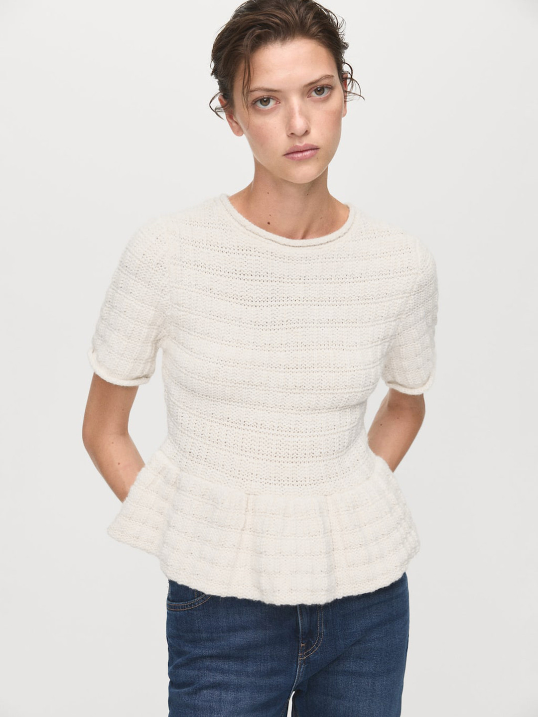 MANGO Self Design Open-Knit Peplum-Style Pullover Sweater