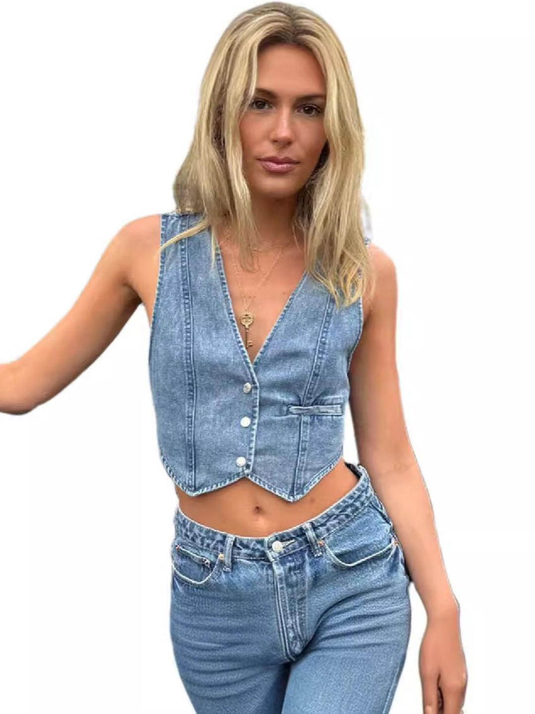 HERE&NOW Solid Cotton Denim Vest Crop Top