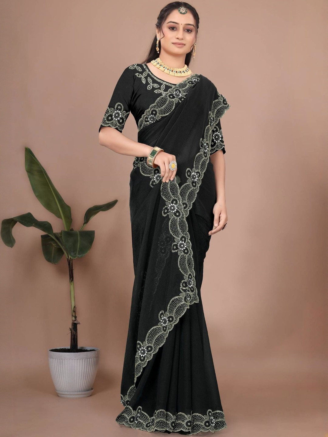 Rovera nx Floral Embroidered Heavy Work Saree with Blouse Piece