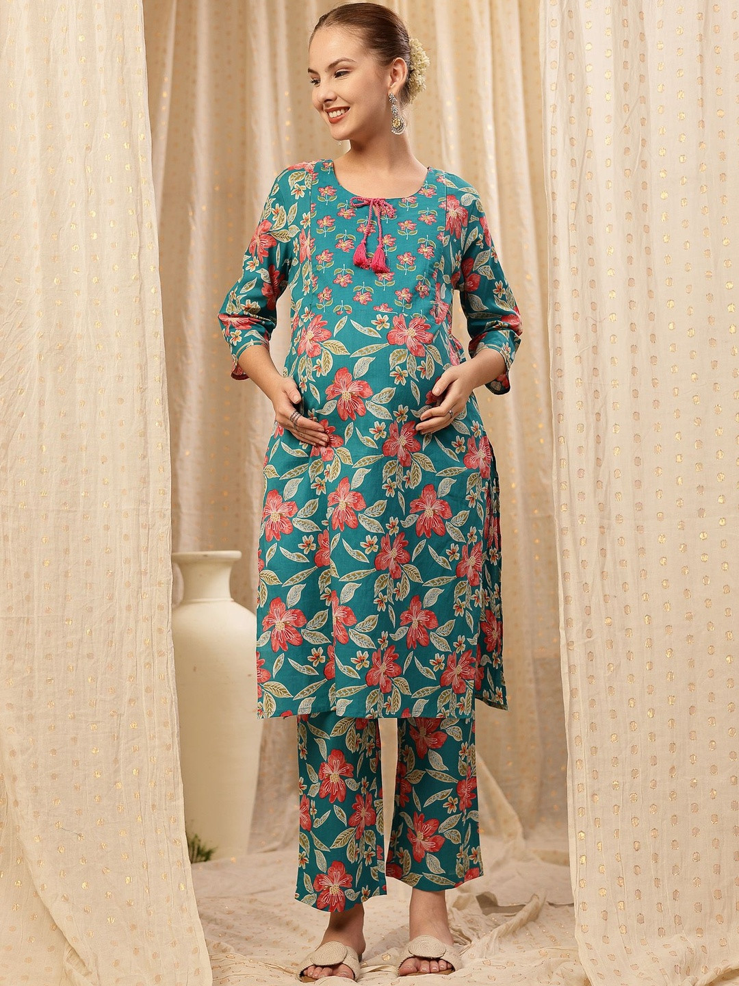 House Of Zelena Women Floral Printed Regular Pure Cotton Maternity Kurta & Pant Set