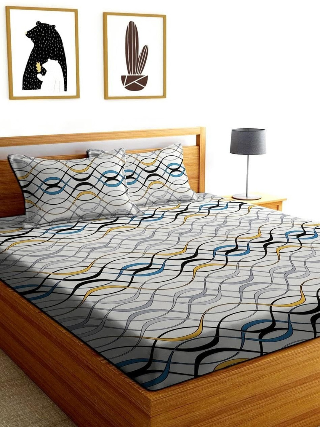 NEW TOWN Abstract Printed King Size Fitted Cotton Bedsheet with 2 Pillow Covers