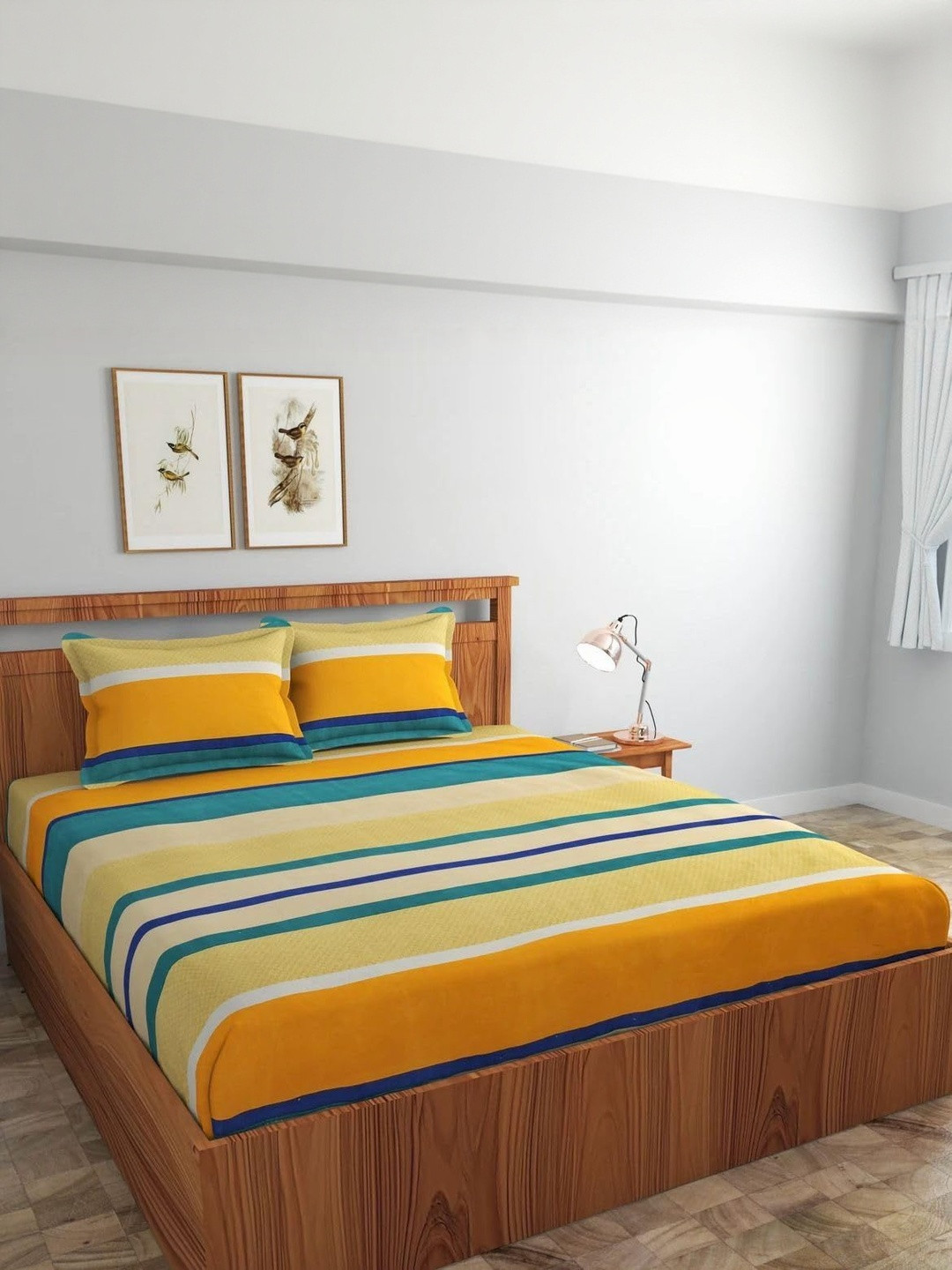 NEW TOWN Yellow & Green Striped 210 TC Queen Bedsheet with 2 Pillow Covers