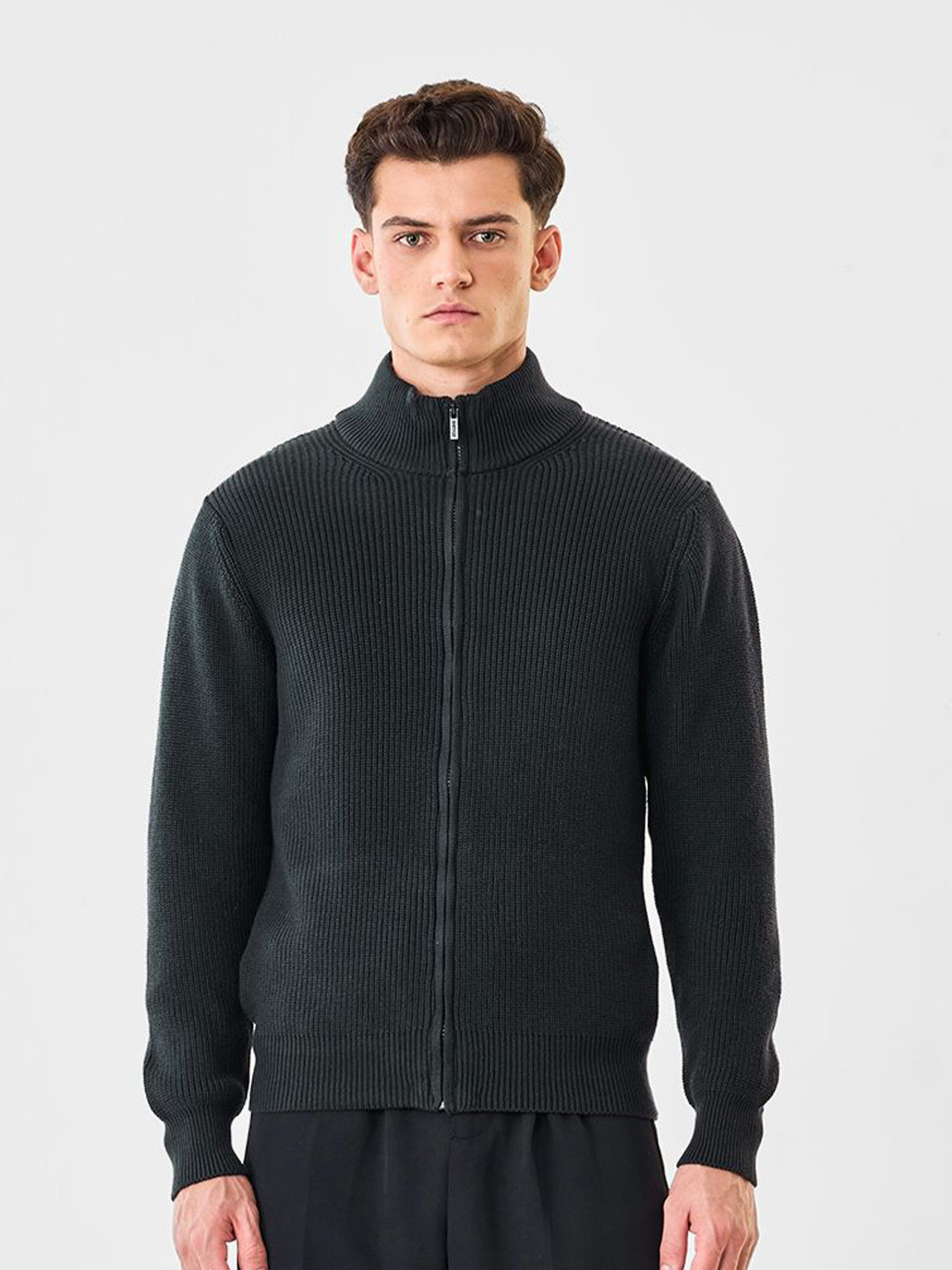 Snitch Textured Ribbed Mock Collar Cardigan Sweater