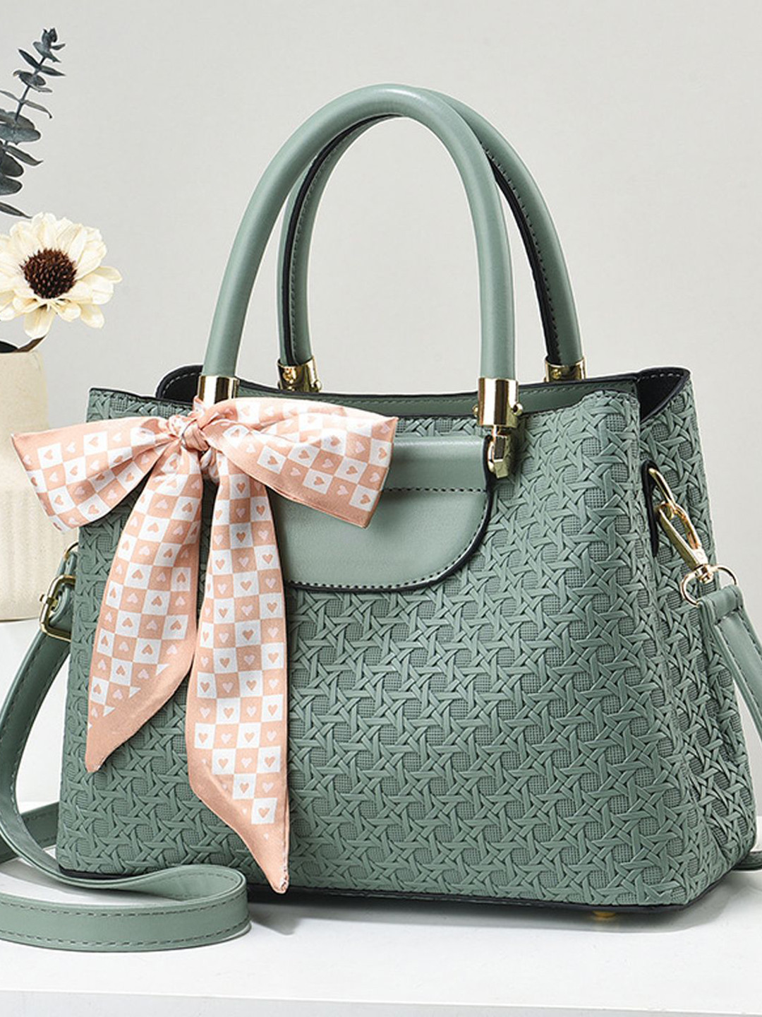 StyleCast Green & Pink Textured Shopper Handheld Bag With Bow Detail