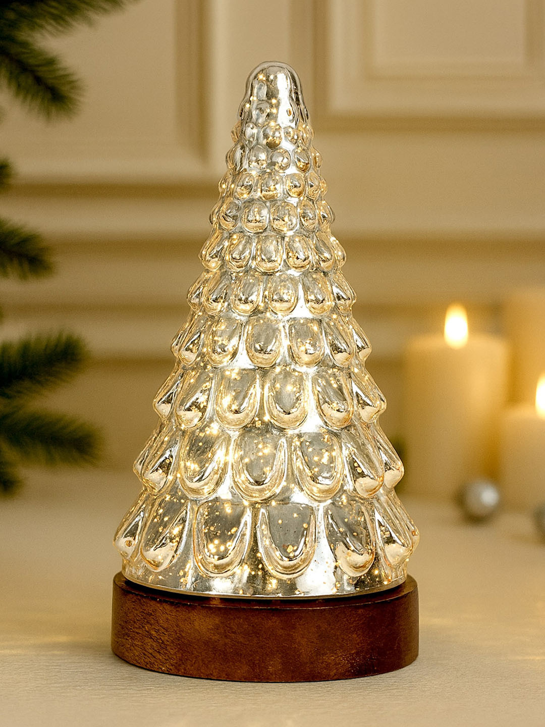 Homesake Silver Toned Textured Glass Christmas Tree Table Lamp with Wooden Base