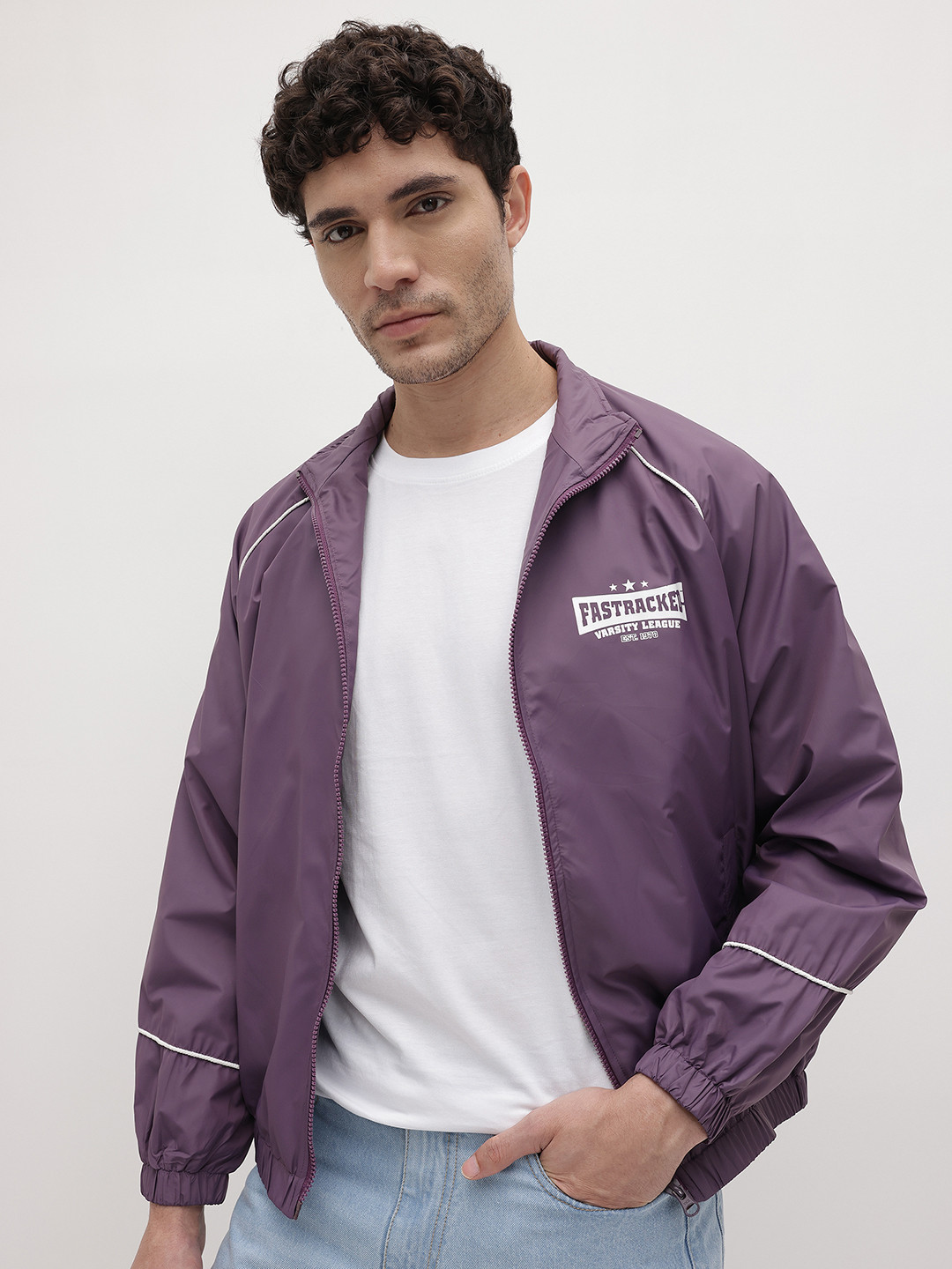 The Roadster Life Co. Graphic Printed Mock Collar Contrast Piping Tailored Jacket