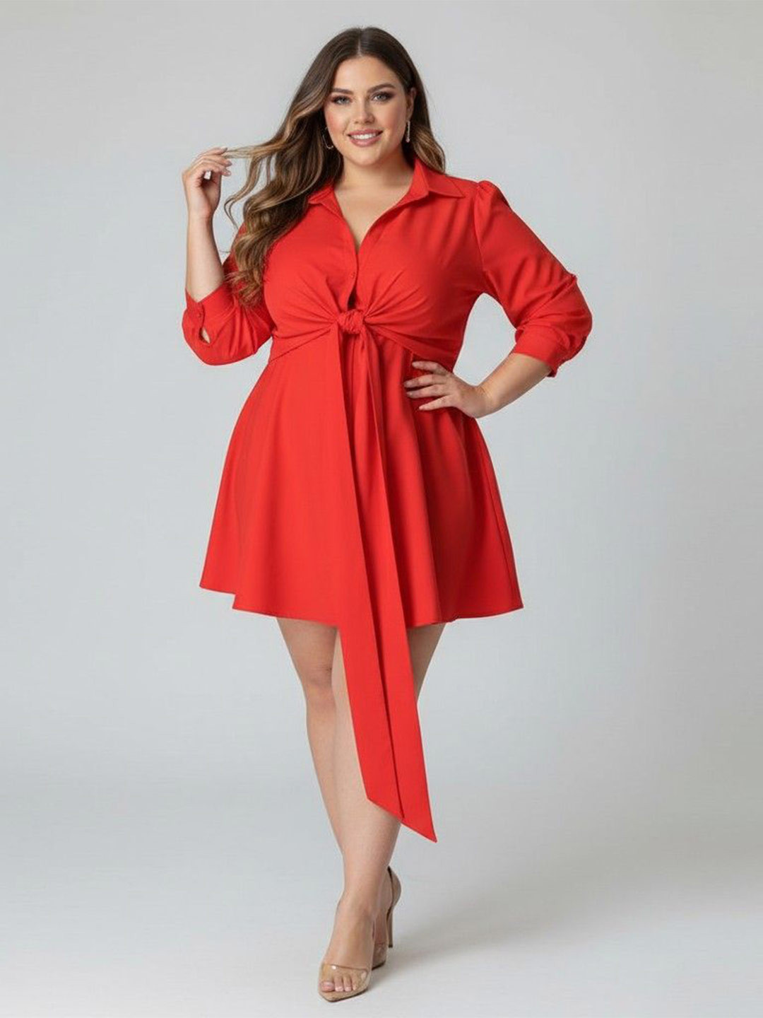 DressBerry Curve Women Plus Size Shirt Collar Tie-up Fit & Flare Dress
