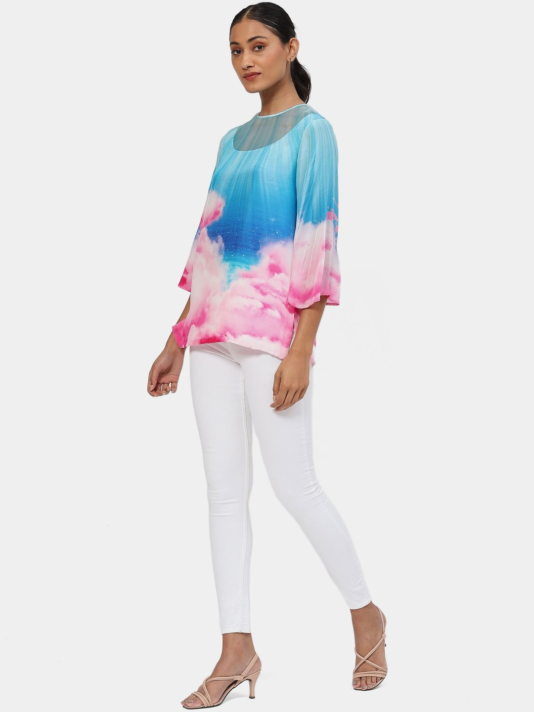 Satya Paul Women Abstract Printed Round Neck Flared Sleeves Top