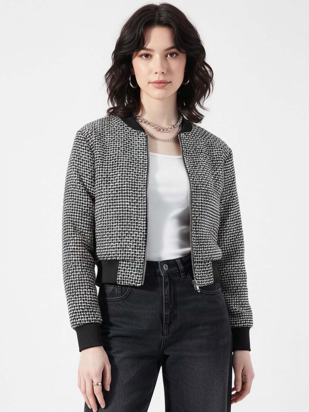 glitchez Stand Collar Relaxed Tweed Jacket
