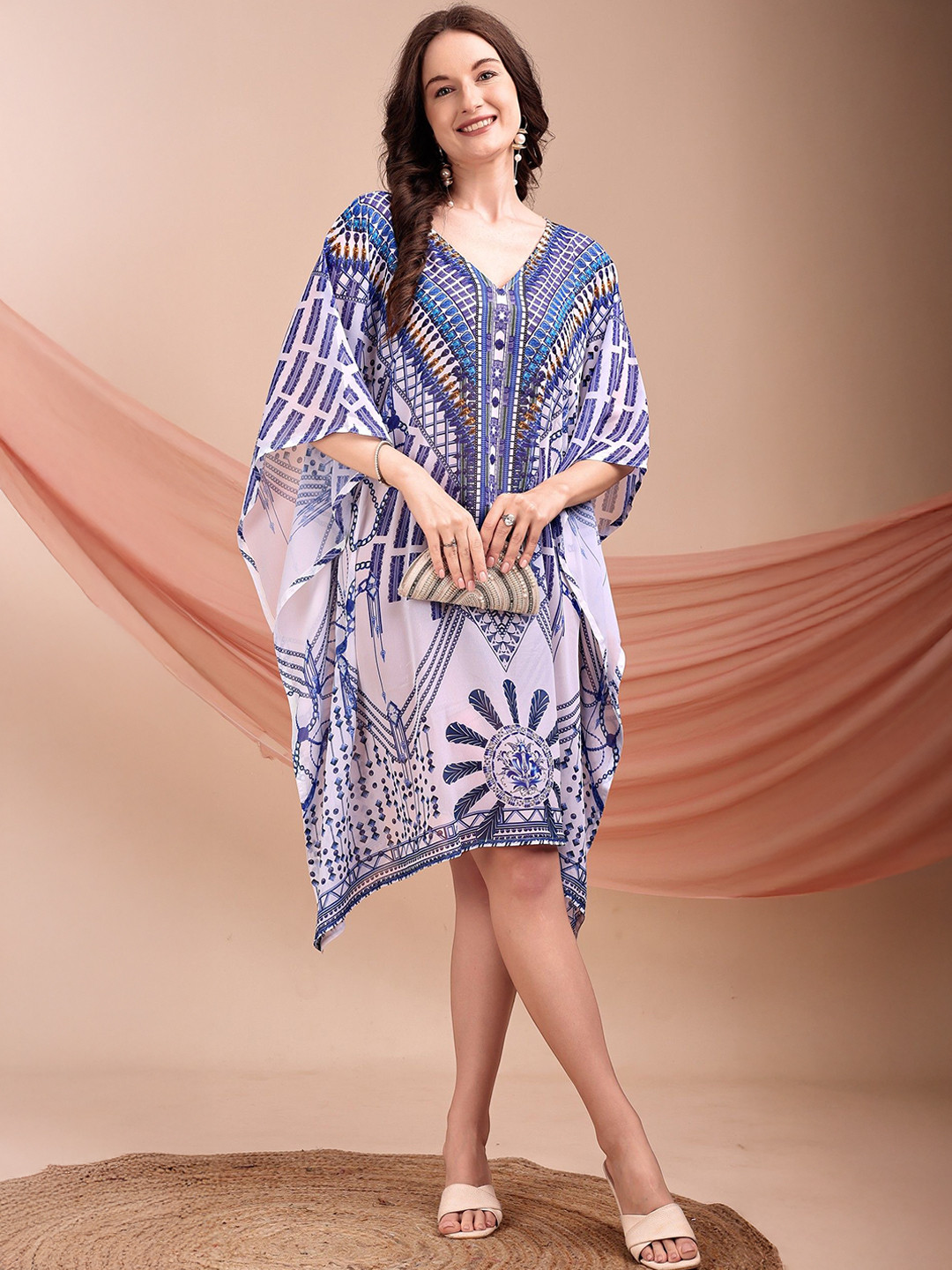 ROMONIA Women Ethnic Motifs Printed Kimono Sleeve Georgette Kaftan Dress
