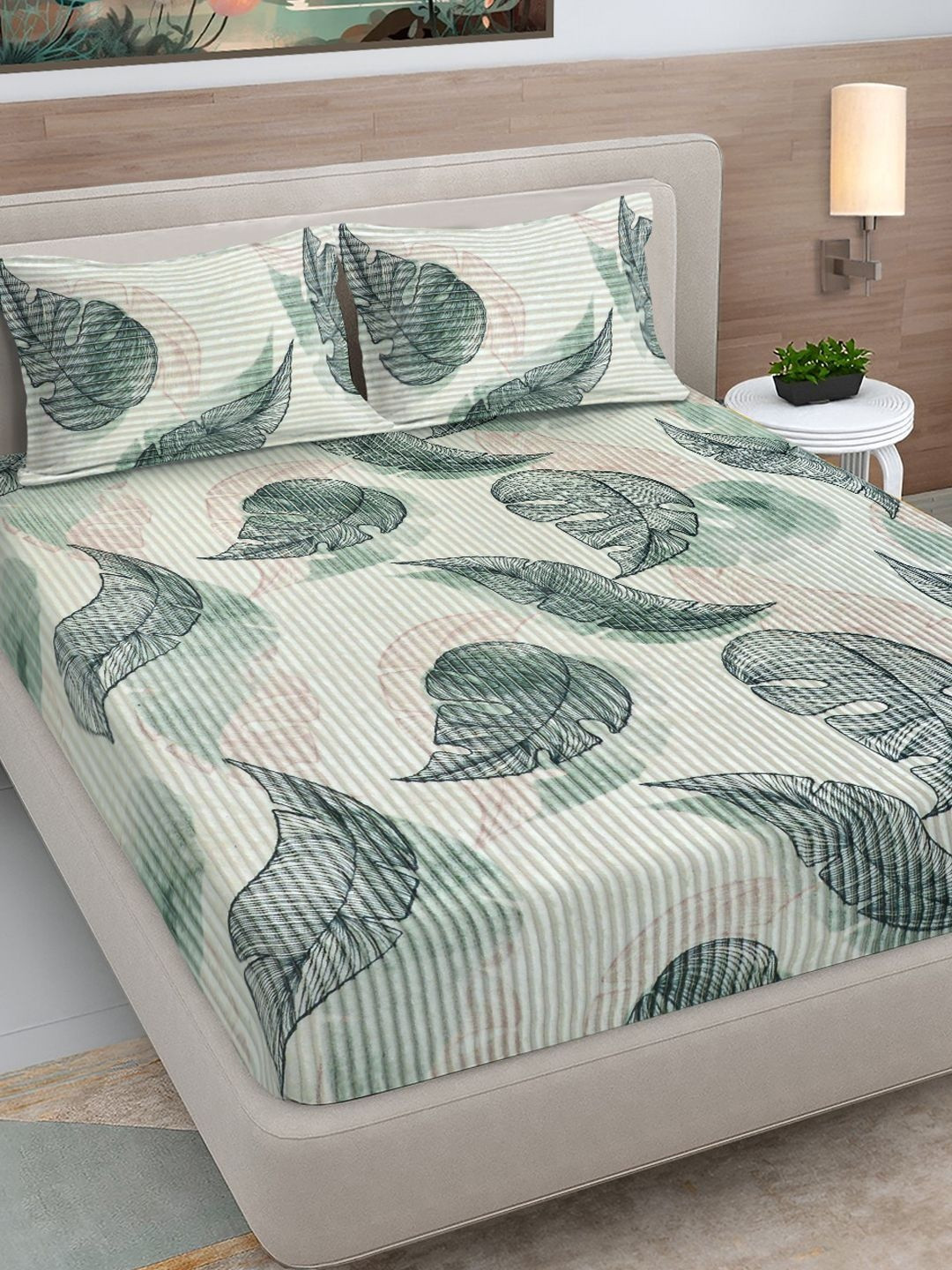 FABINALIV Off White & Green Floral Printed Woollen 300 TC King Bedsheet Set 2.5 x 2.25 m