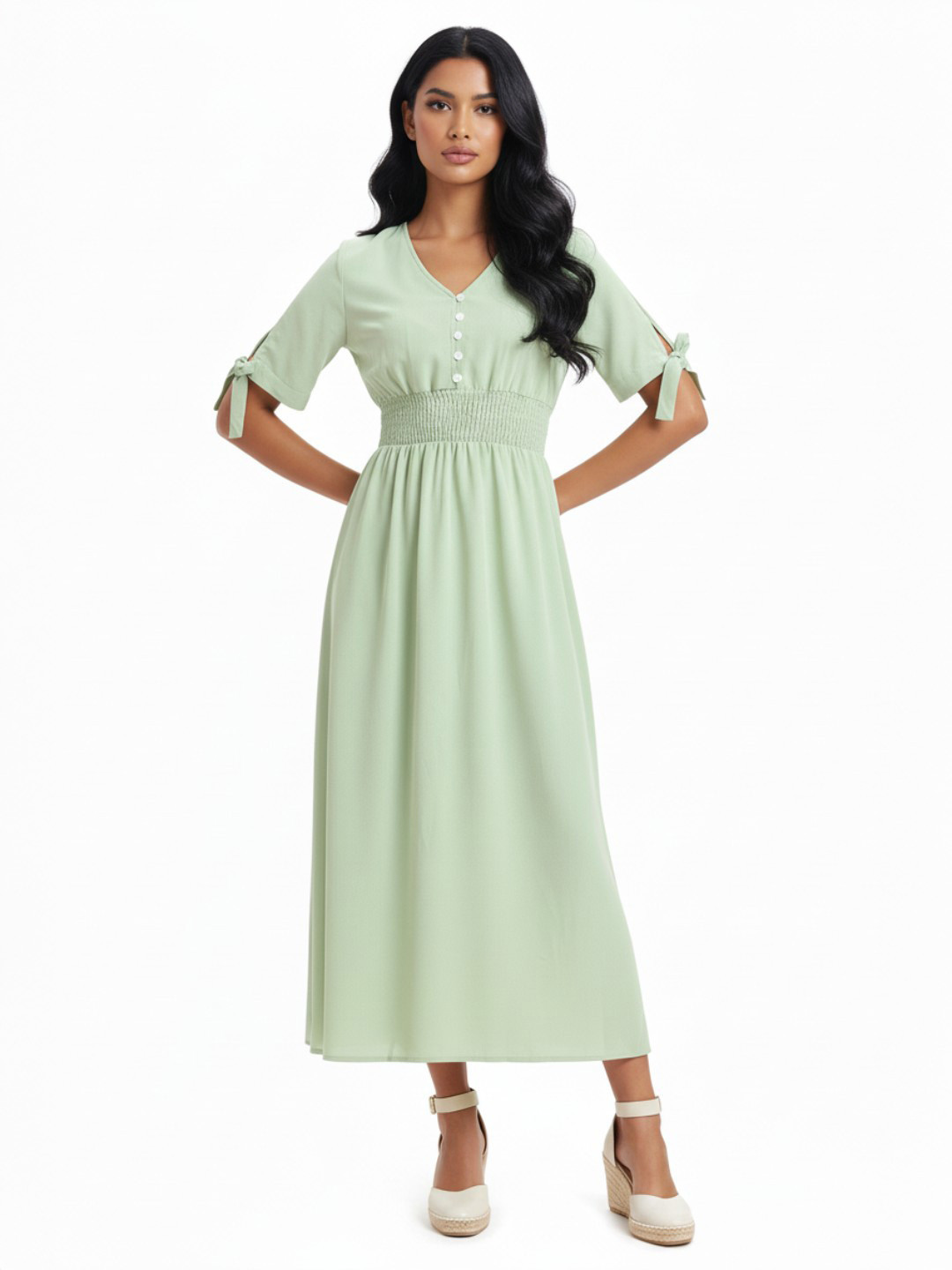 DressBerry Smocked Effect Fit & Flare Maxi Dress with Tie-ups