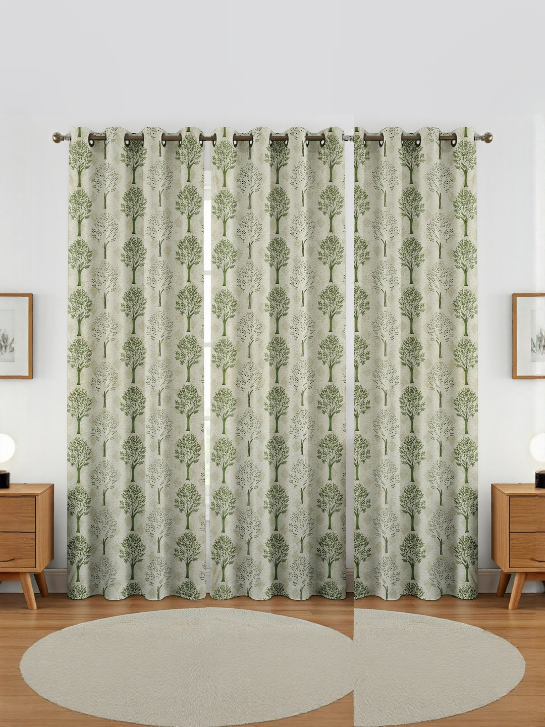 GEET CREATIONS Sprit-Vat Green & Cream 3 Pieces Printed Room Darkening Window Curtains