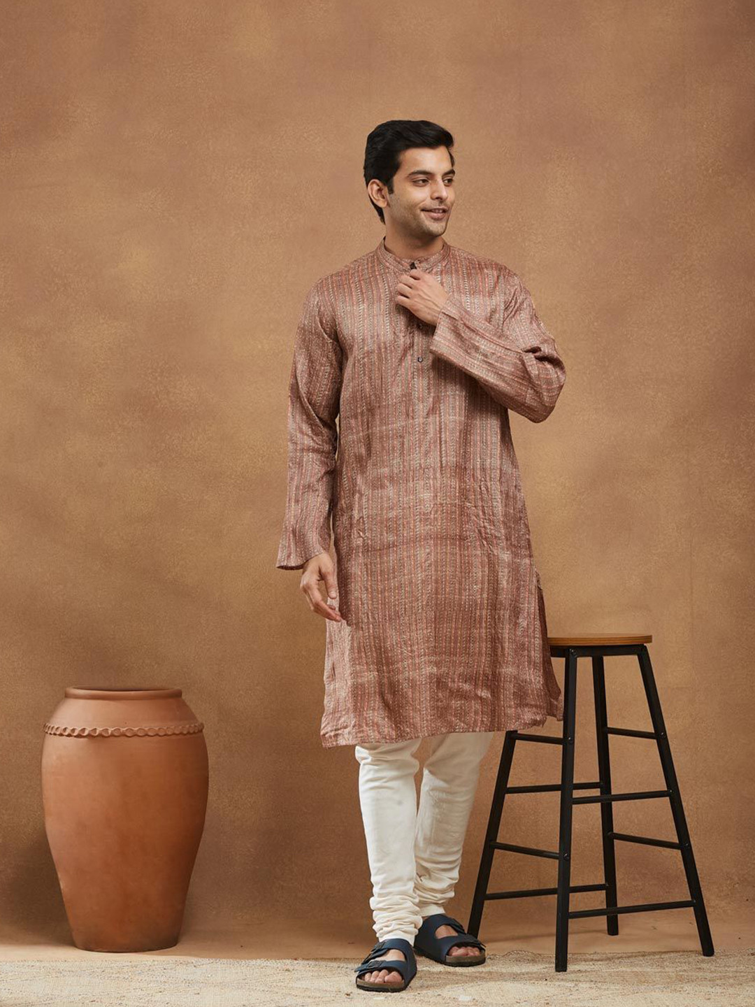 Fabindia Men Striped Woven Design Block Print Festive Silk Straight Kurta
