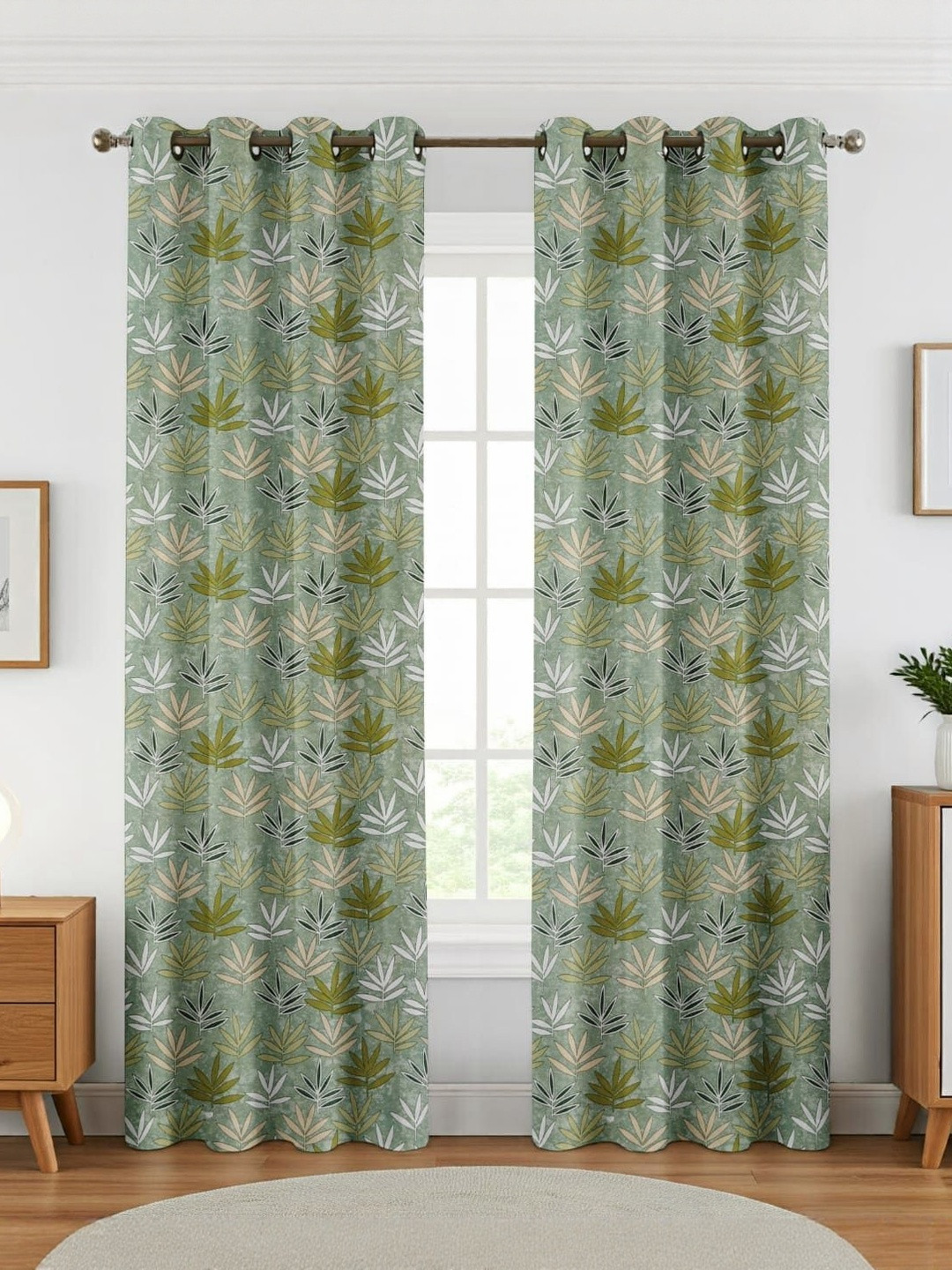 GEET CREATIONS Softy-Lotus Green & White 2 Pieces Printed Room Darkening Window Curtains