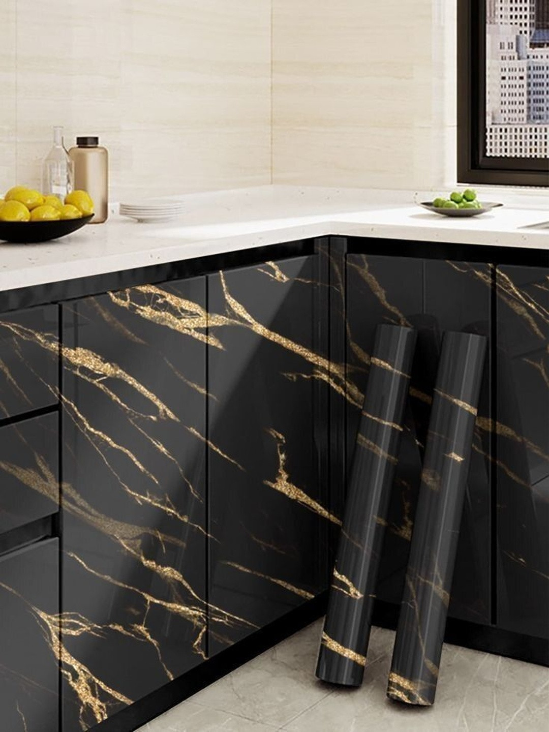 SEKHMET Black And Gold-Toned Abstract Printed Self Adhesive Wallpaper