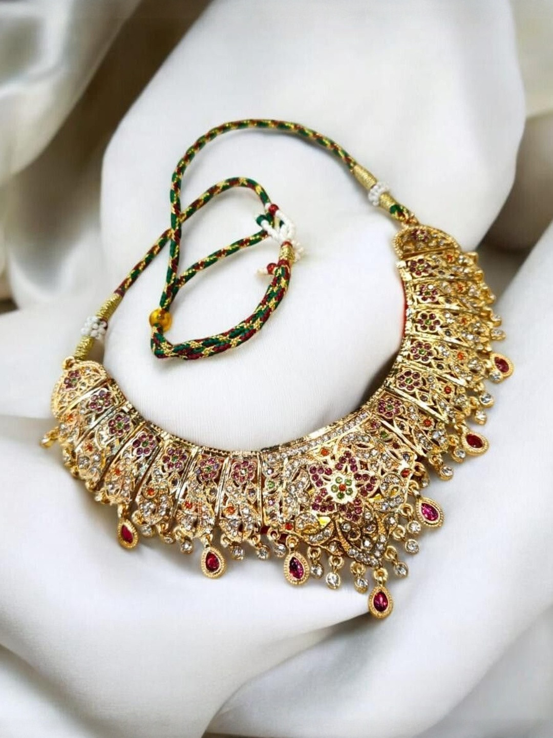 MK gallery Women Gold-Plated Temple Statement Alloy Necklace with Drawstring Closure