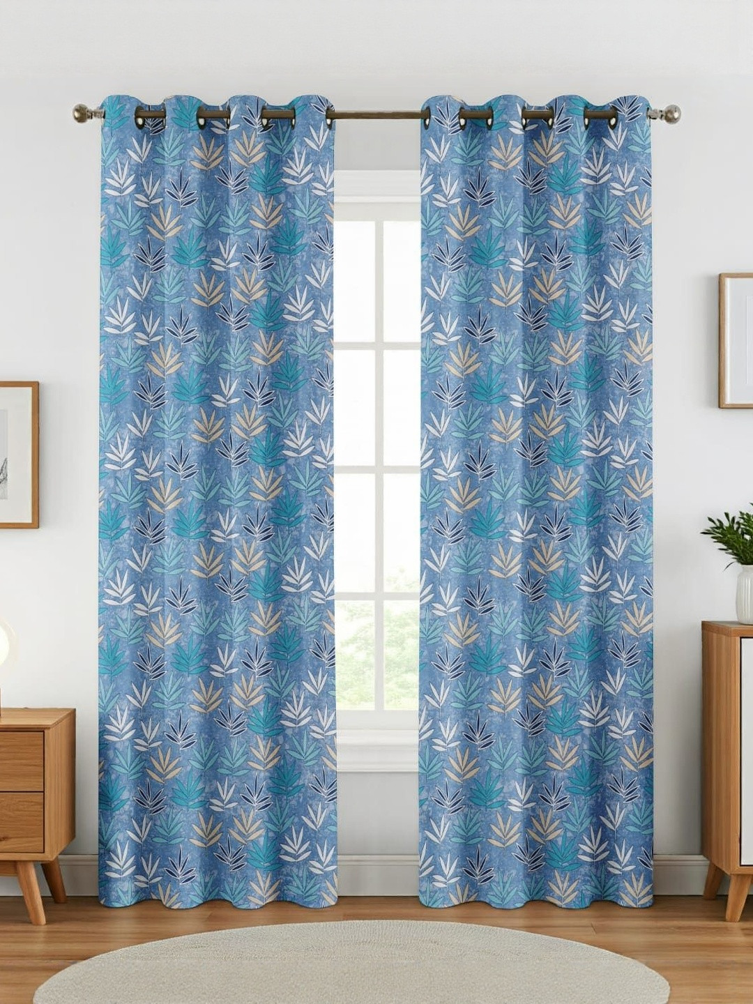 GEET CREATIONS Softy-Lotus Blue & Cream 2 Pieces Printed Room Darkening Window Curtains