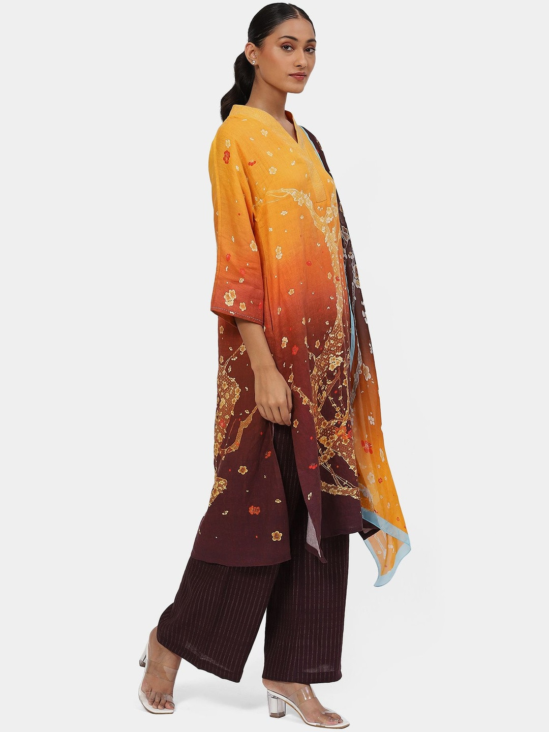 Satya Paul Women Floral Printed Regular Silk Crepe Kurta with Palazzos & With Dupatta