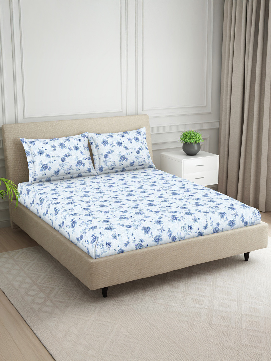 Welspun Harmony White & Blue Floral 120TC King Bedsheet Set 108 x 108 Inches