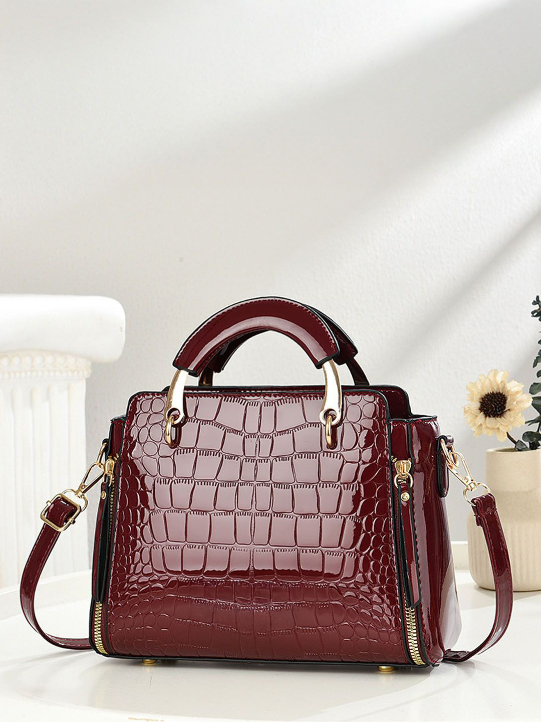 StyleCast Burgandy & Gold Toned Textured Structured Handheld Bag