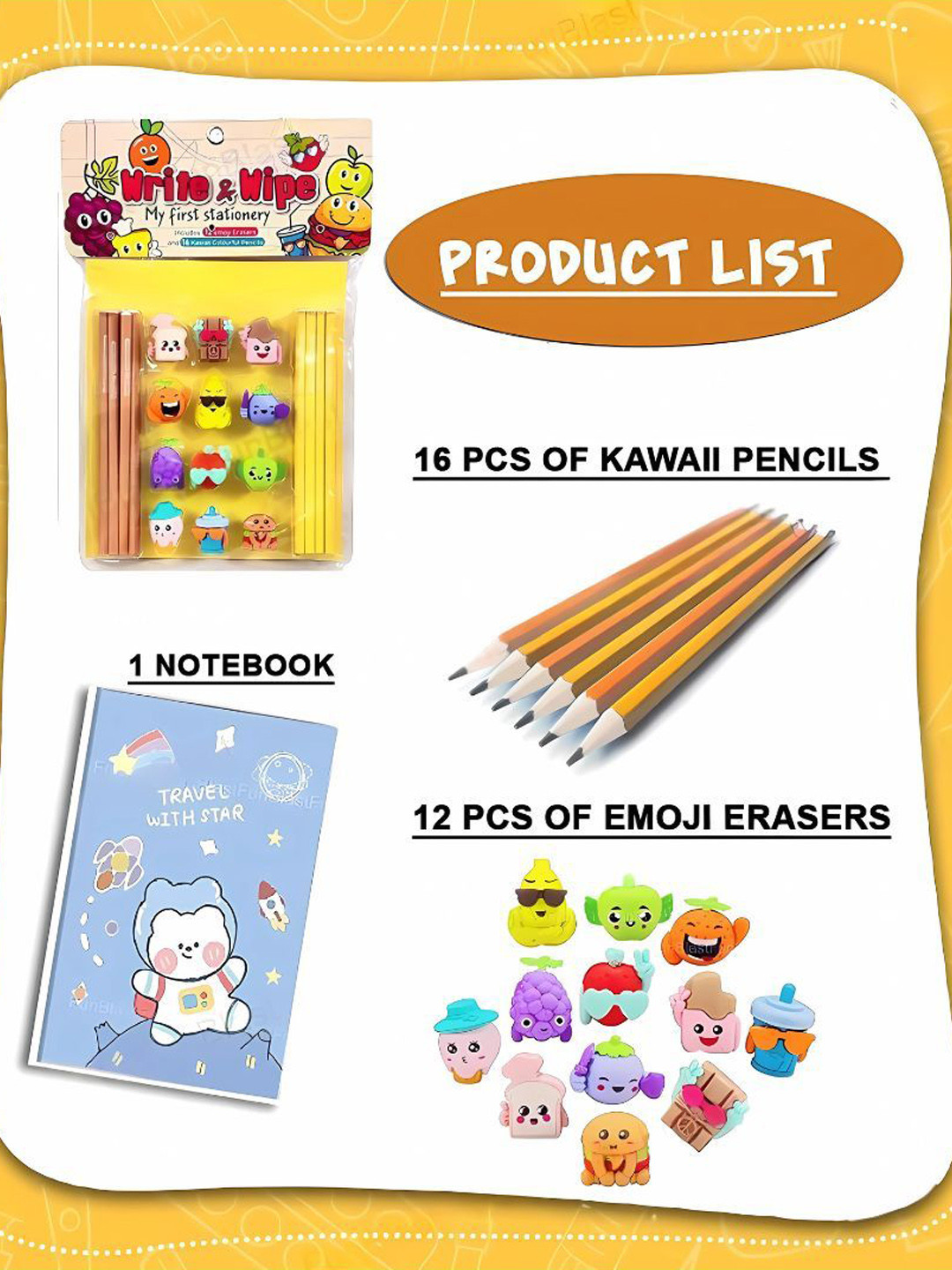 YK 16 Pcs Pencils Stationery With 12 Emoji Erasers & 1 Notebook