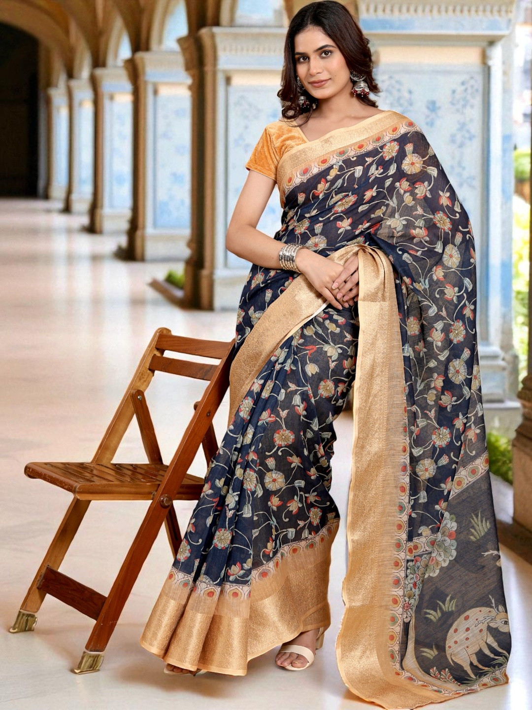 MORDEN MUSE Floral Woven Design Zari Pure Linen Saree With Blouse Piece
