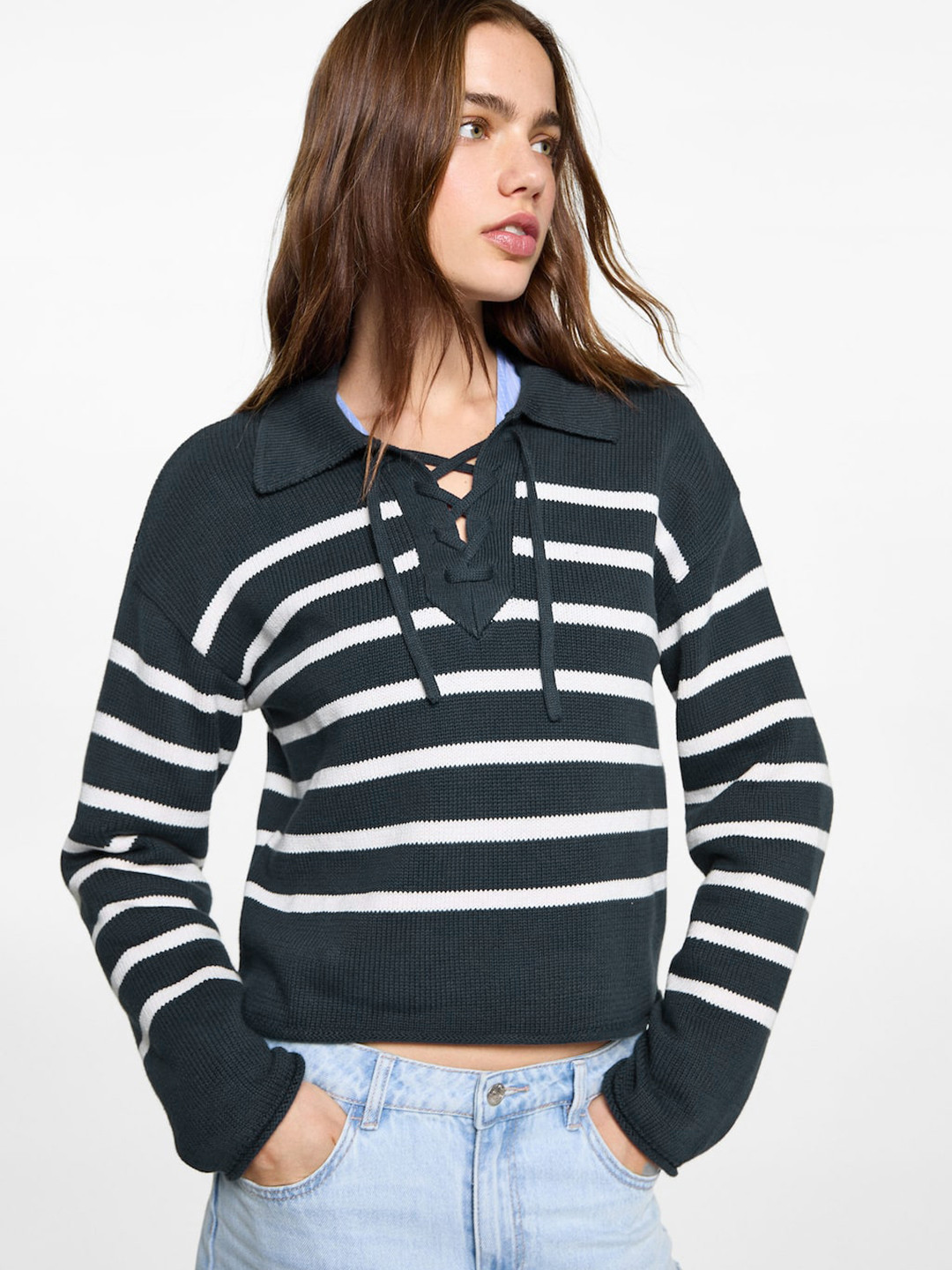 MANGO Striped Polo Collar Pure Cotton Sweaters