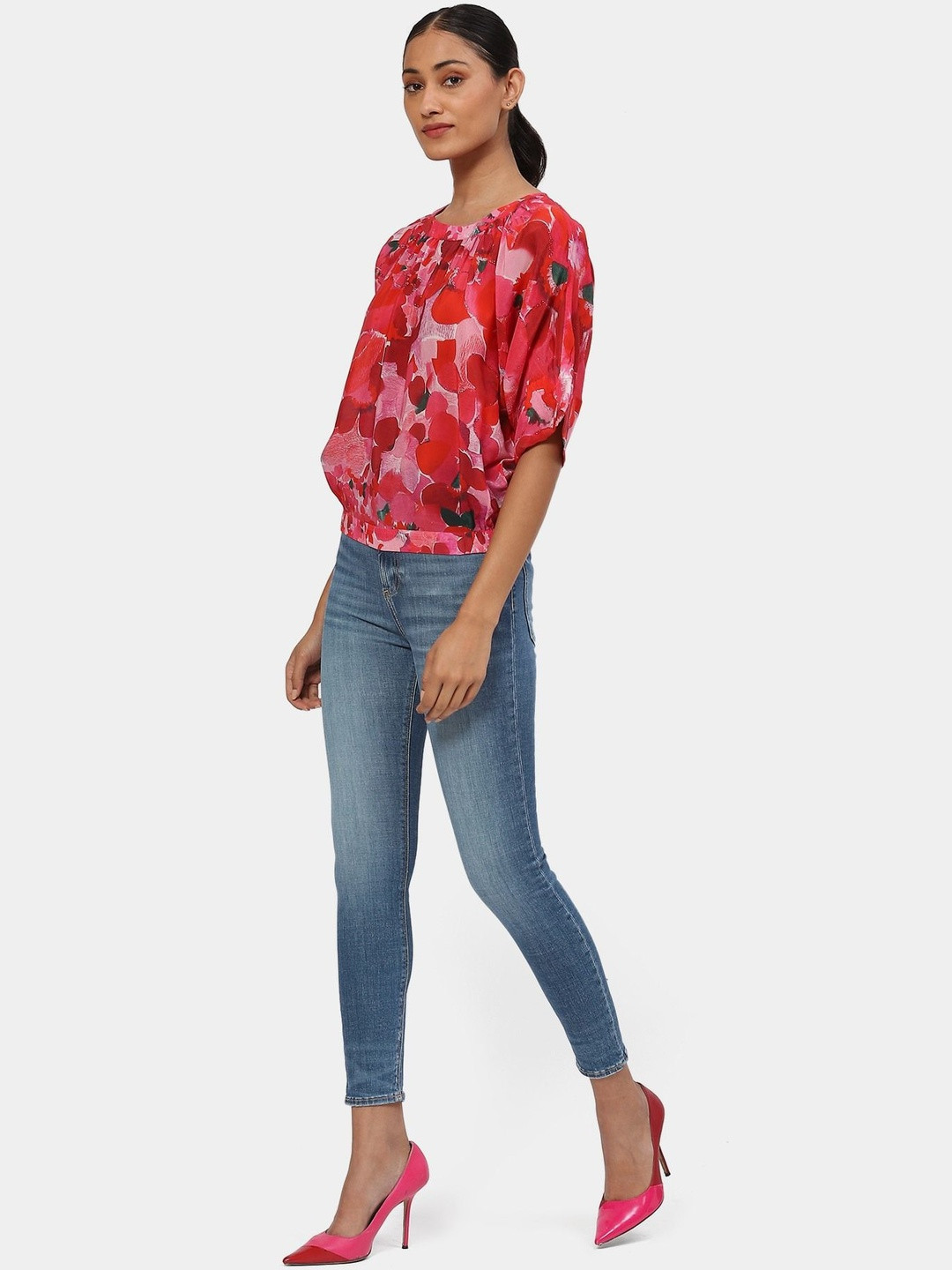 Satya Paul Women Floral Printed Boat Neck Puff Sleeeves Top