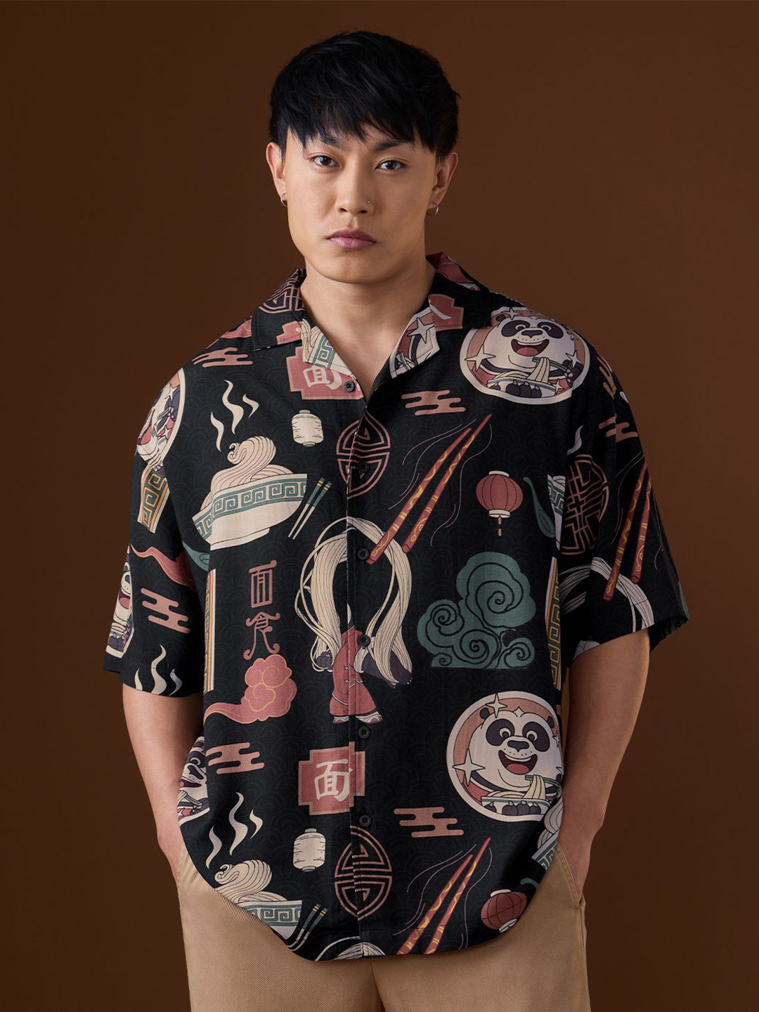 The Souled Store Kung Fu Panda Ramen Printed Cuban Collar Oversized Casual Shirt