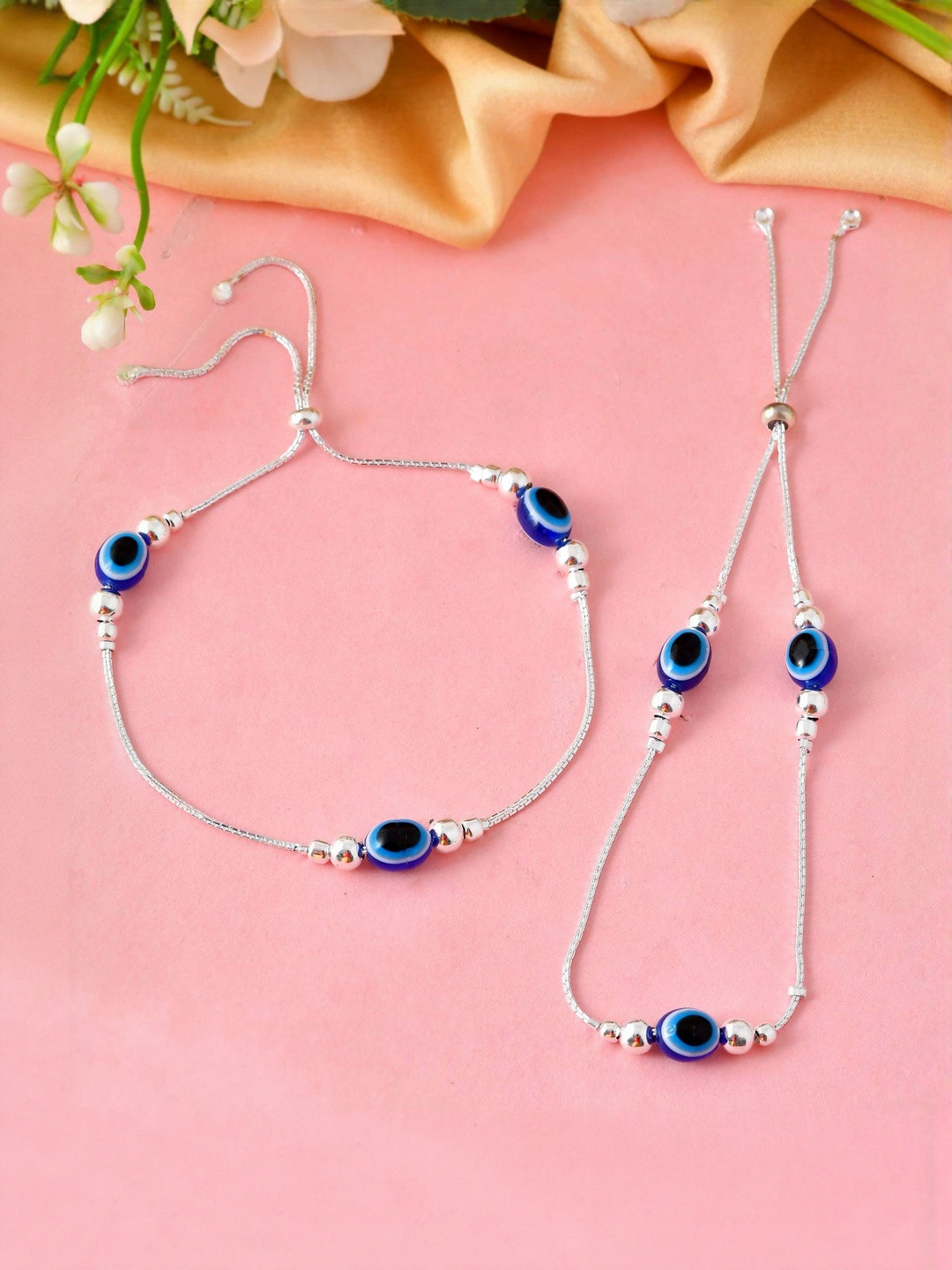 Jewels Nest Women Silver-Plated Artificial Beaded Evil Eye Anklets