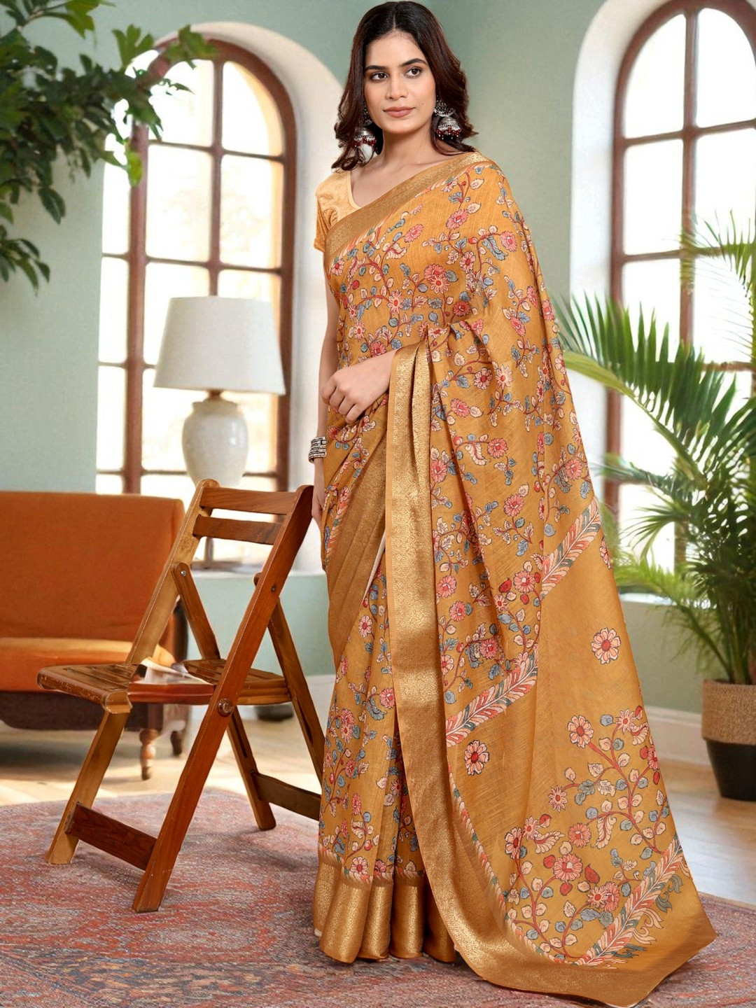 MORDEN MUSE Floral Printed Zari Border Saree With Unstithced Blouse Piece