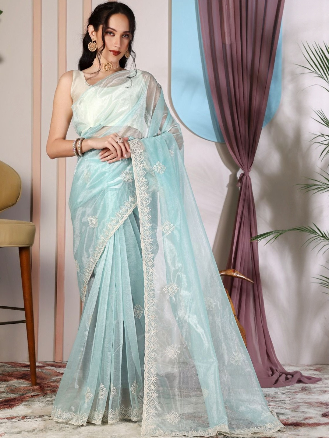 FOLENNE Embellished Embroidered Net Saree With Unstitched Blouse Piece