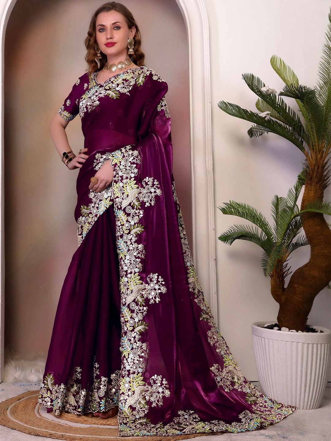 OFLINE SELECTION Solid Embellished Embroidered Banarasi Saree With Blouse Piece