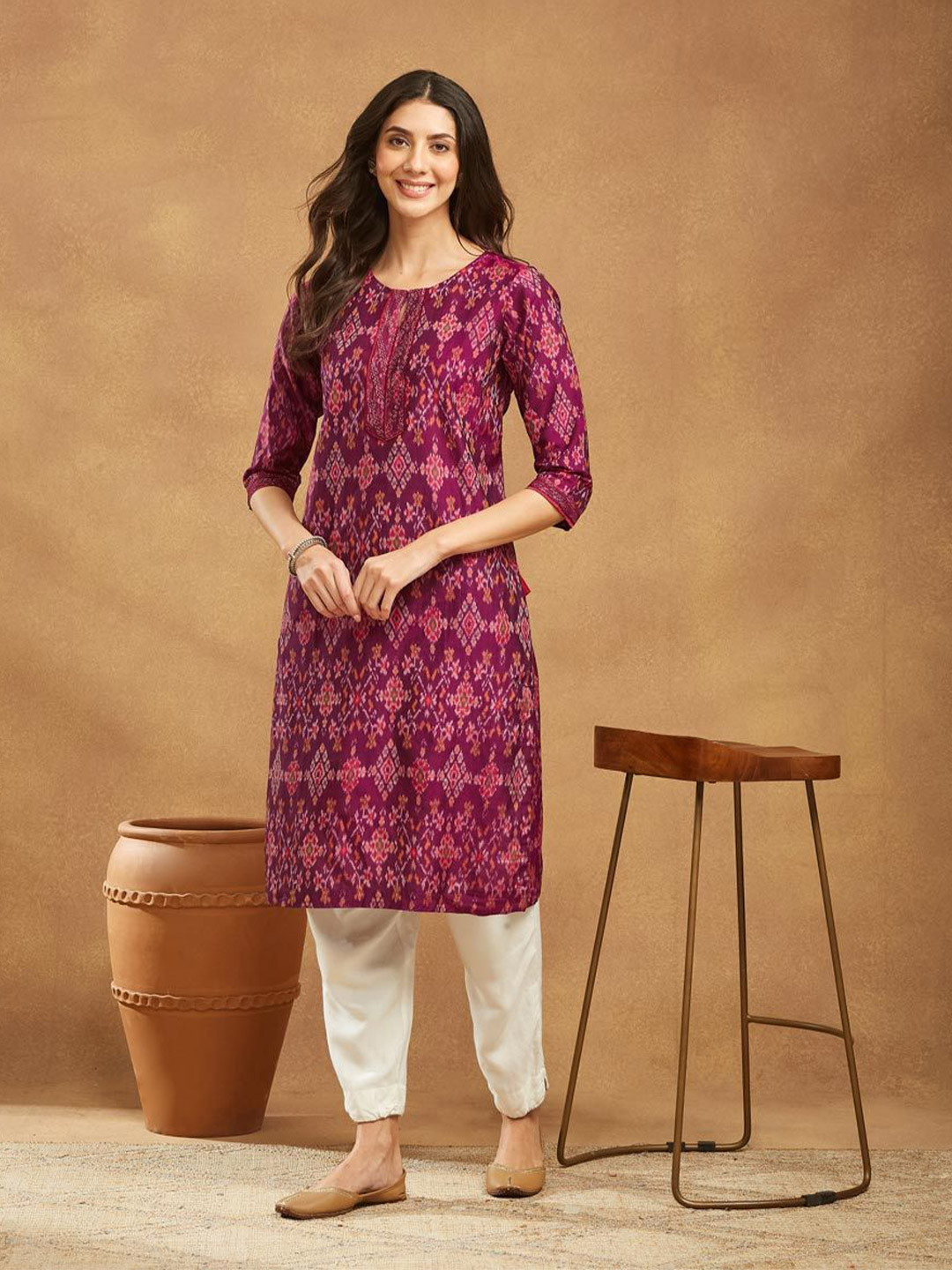 Fabindia Women Woven Design Round Neck Cotton Silk Ikat Long Straight Kurta