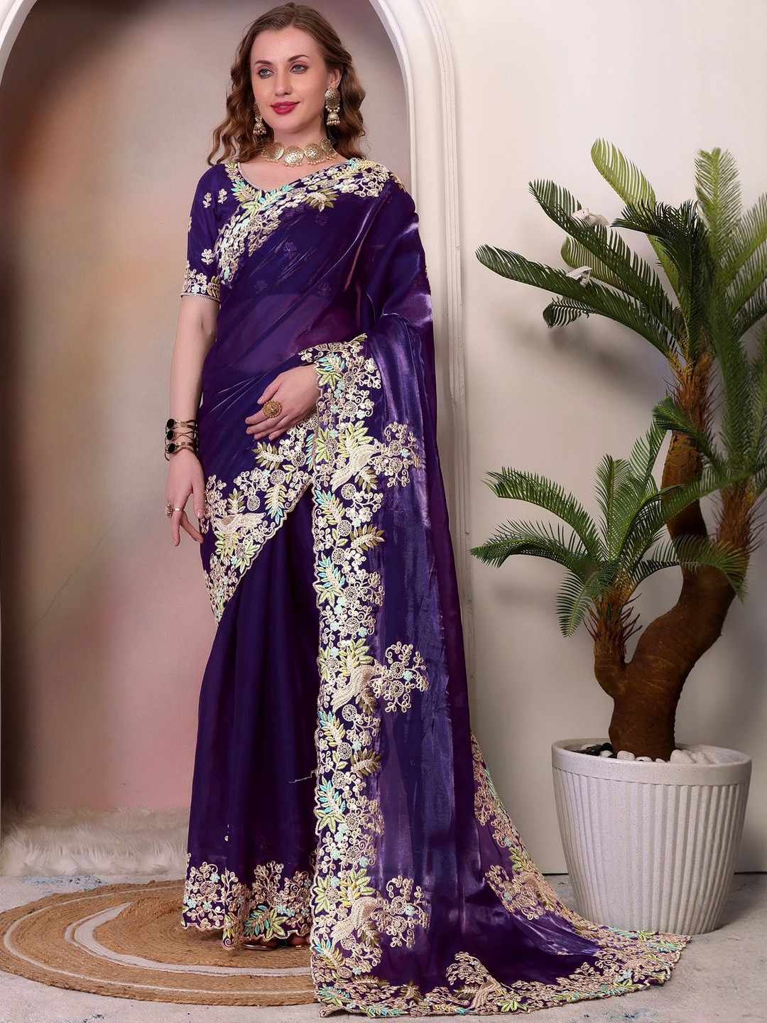 MARUTI ART Ethnic Motifs Embroidered Organza with Contrast Floral Work & Blouse Piece