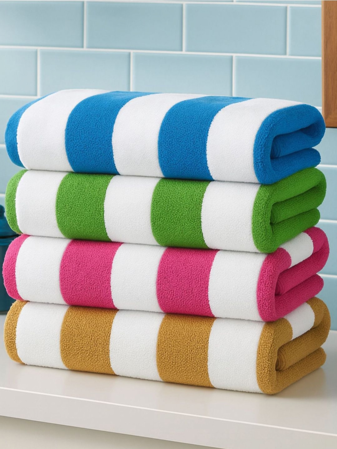 bsb home White & Green 4 Pieces Striped Microfiber 240 GSM Bath Towels