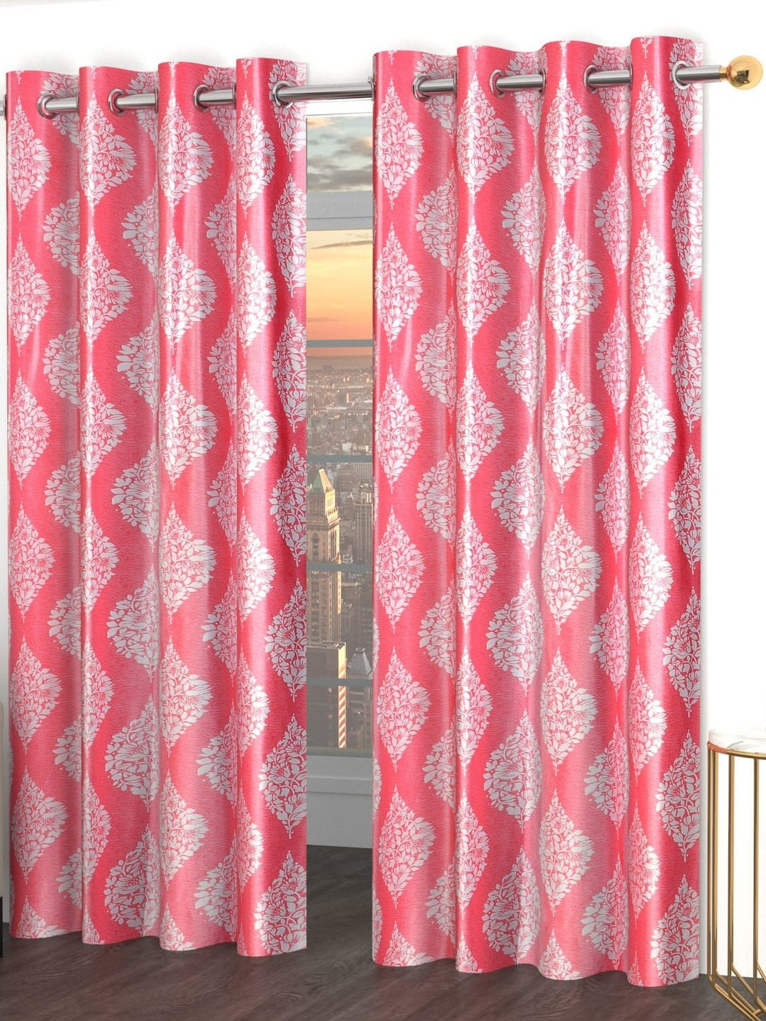 GEET CREATIONS Damas Pink & White 2 Pieces Printed Room Darkening Window Curtains