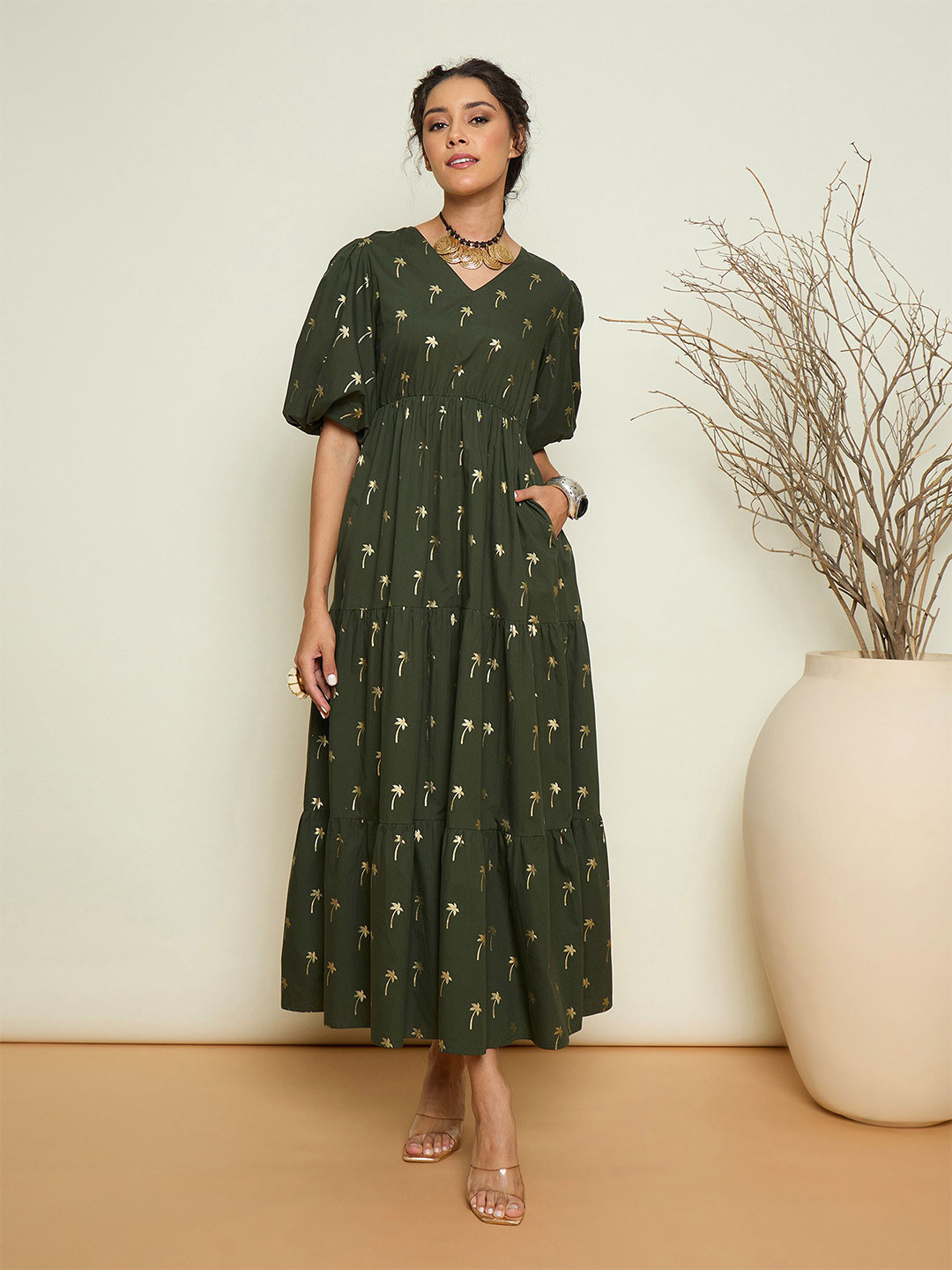 Pink Paprika by SASSAFRAS Tropical Printed Puff Sleeve Fit & Flare Midi Dress