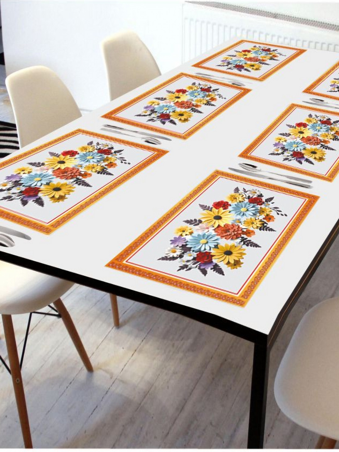 LooMantha 6 Pieces Yellow & Orange Rectangle Floral Printed Waterproof Table Placemats