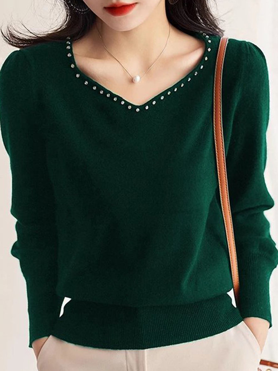 StyleCast Women V Neck Pullover with Embellished Detail