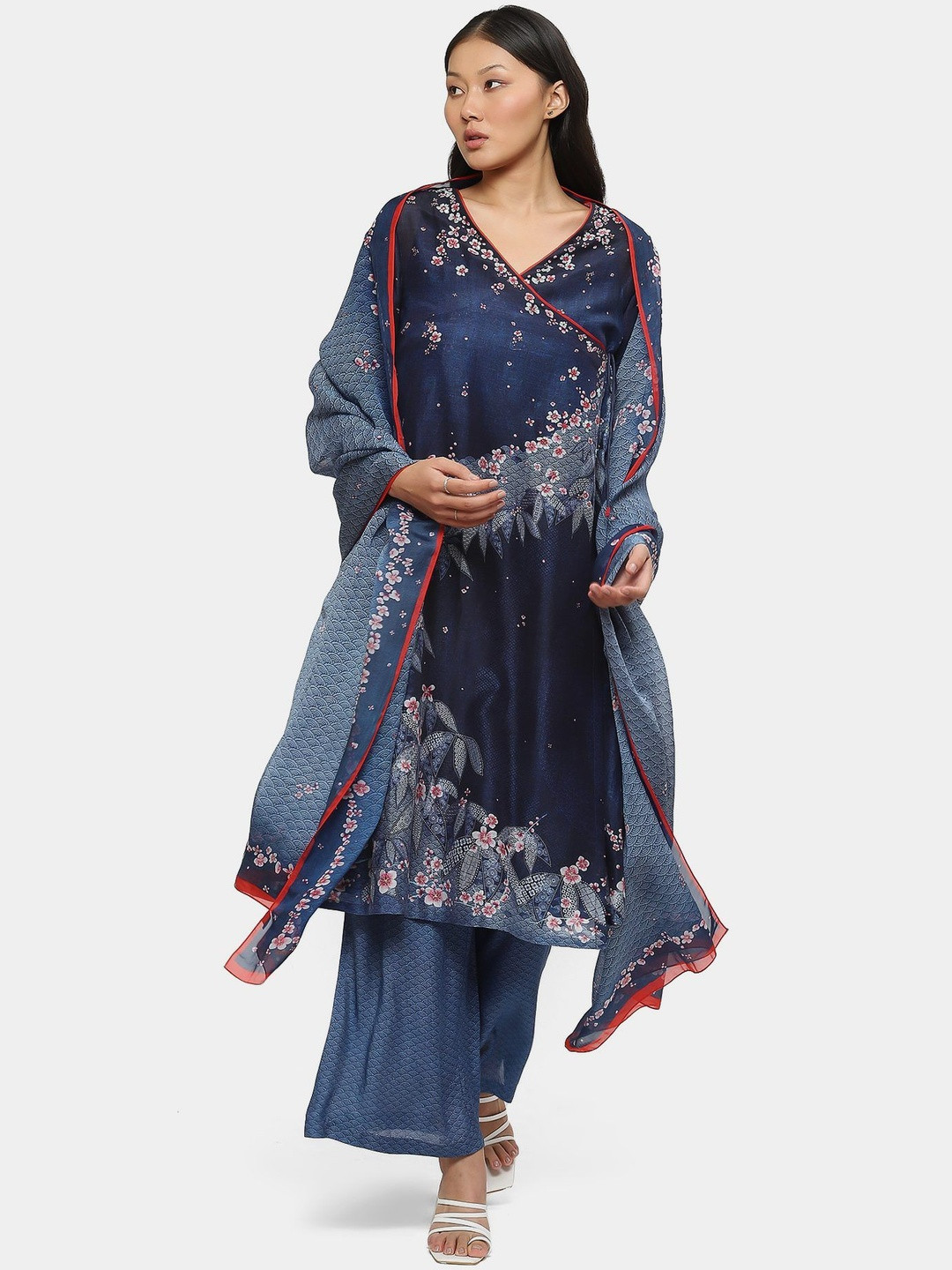 Satya Paul Floral Printed Chanderi Cotton Straight Kurta With Palazzos & Dupatta