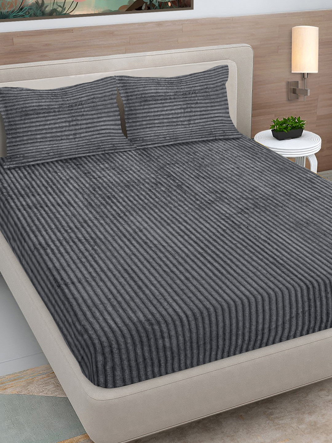 FABINALIV Grey Striped Wool 300 TC Fitted King Fine Bedsheet with 2 Pillow Covers-98 x 89 inches