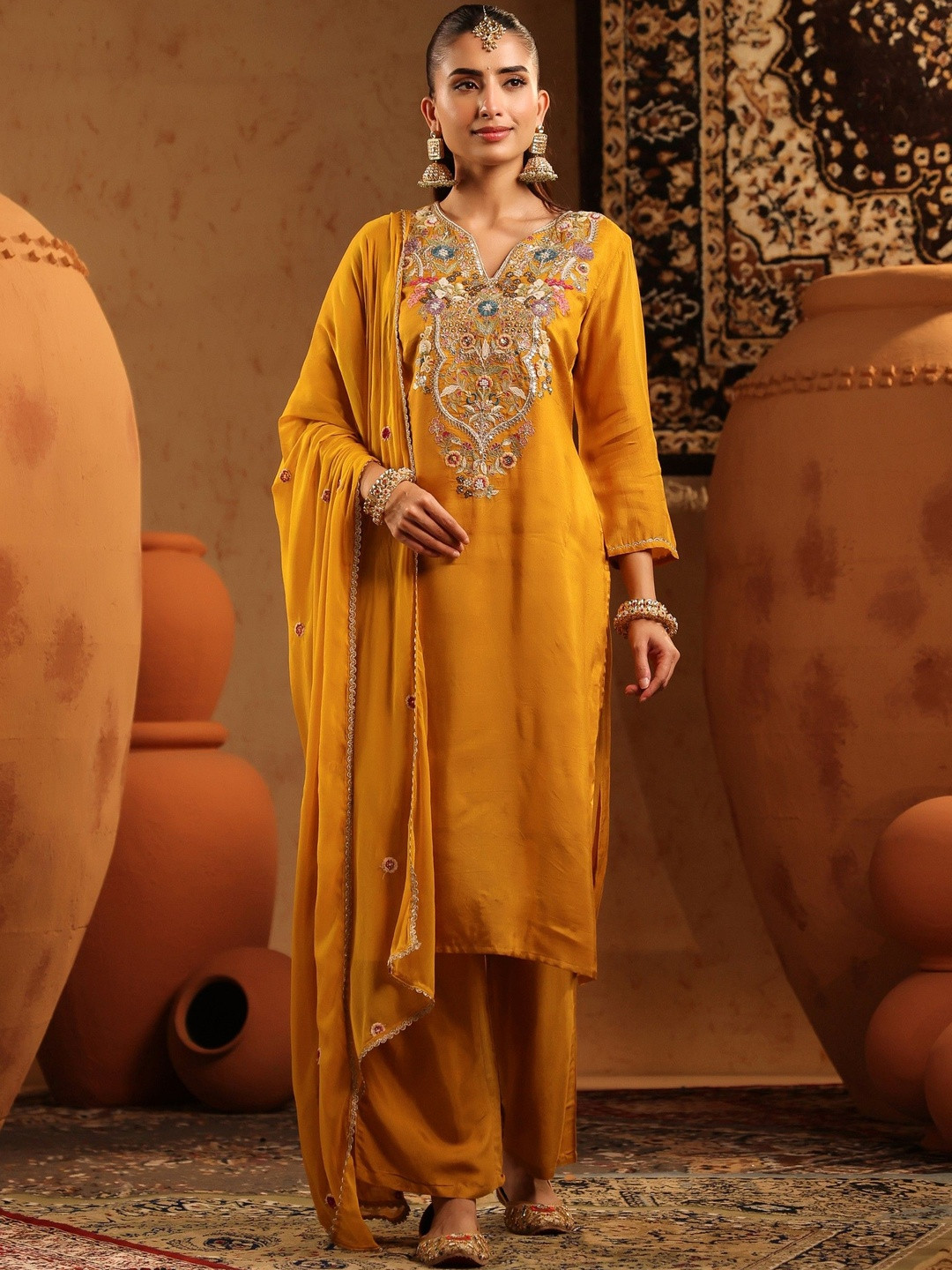 SCAKHI Women Hand Embroidered Russian Silk A-Line Kurta with Trousers & Dupatta