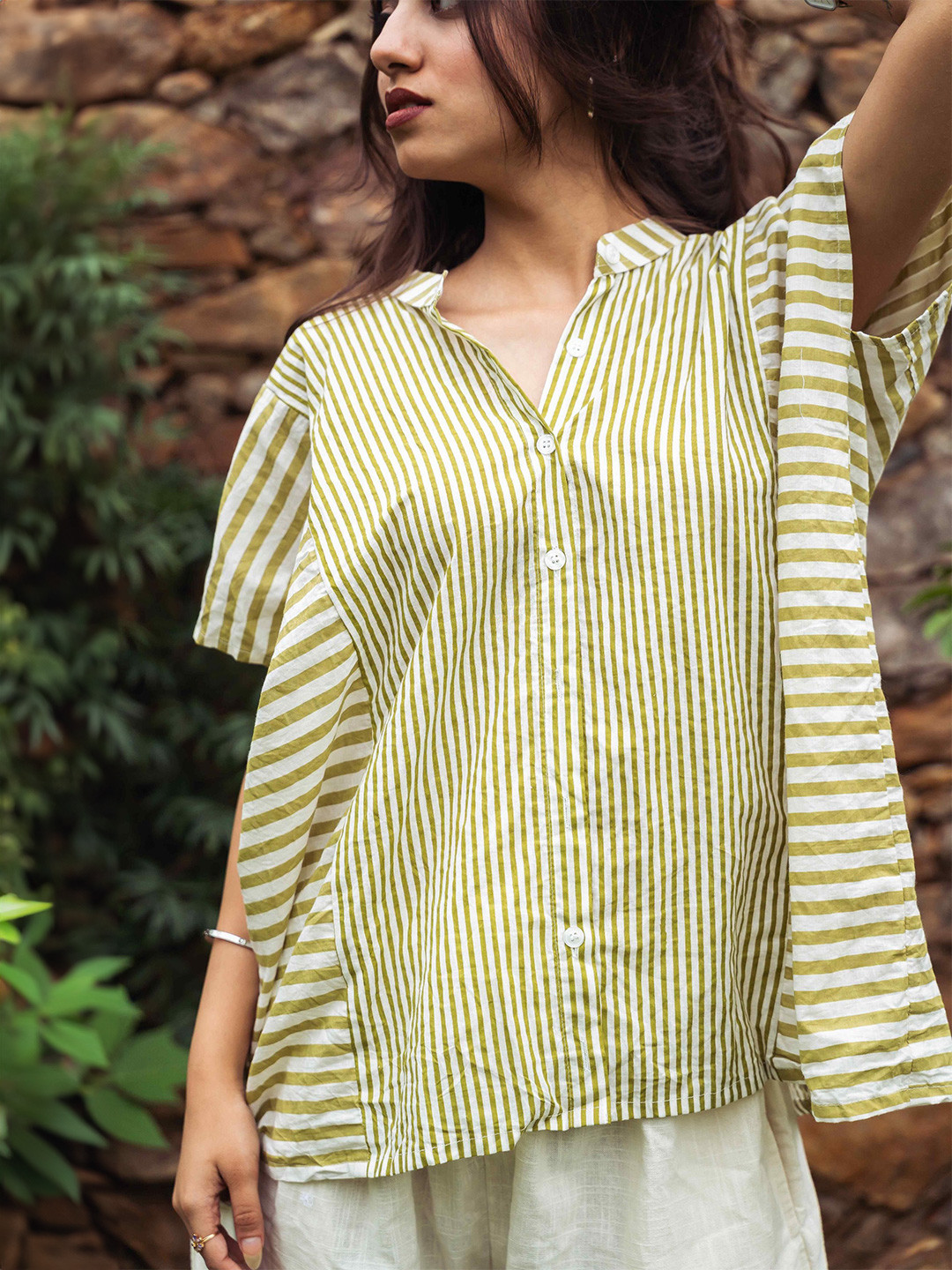 Satnam Handicrafts Striped Kimono Sleeves Band Collar Pure Cotton Kaftan Top