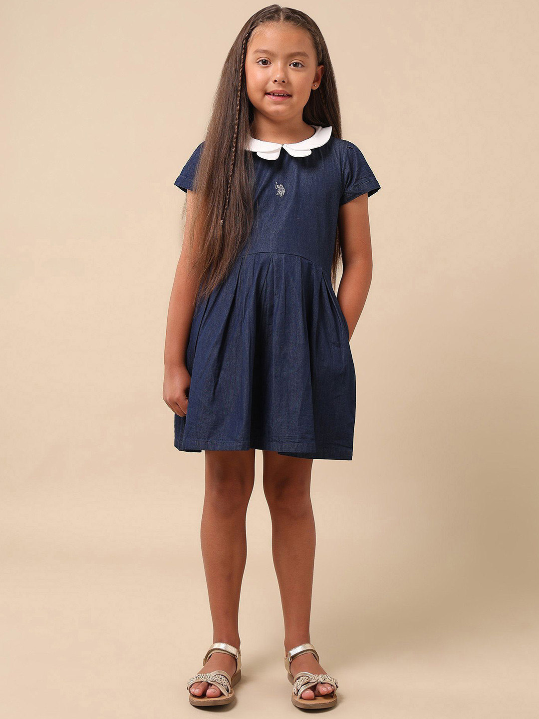U.S. Polo Assn. Kids Girls Peter Pan Collar Puff Sleeve Fit & Flare Dress