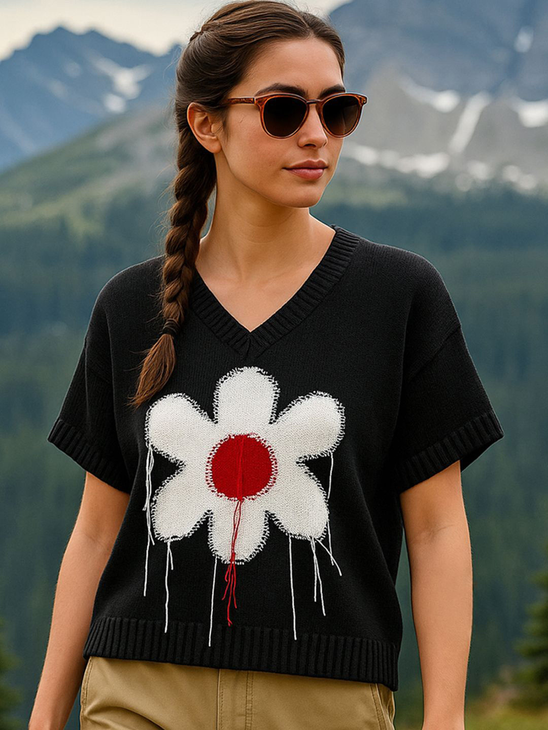 Bewakoof Women Jet Black Embroidered Pullover Oversized Sweater