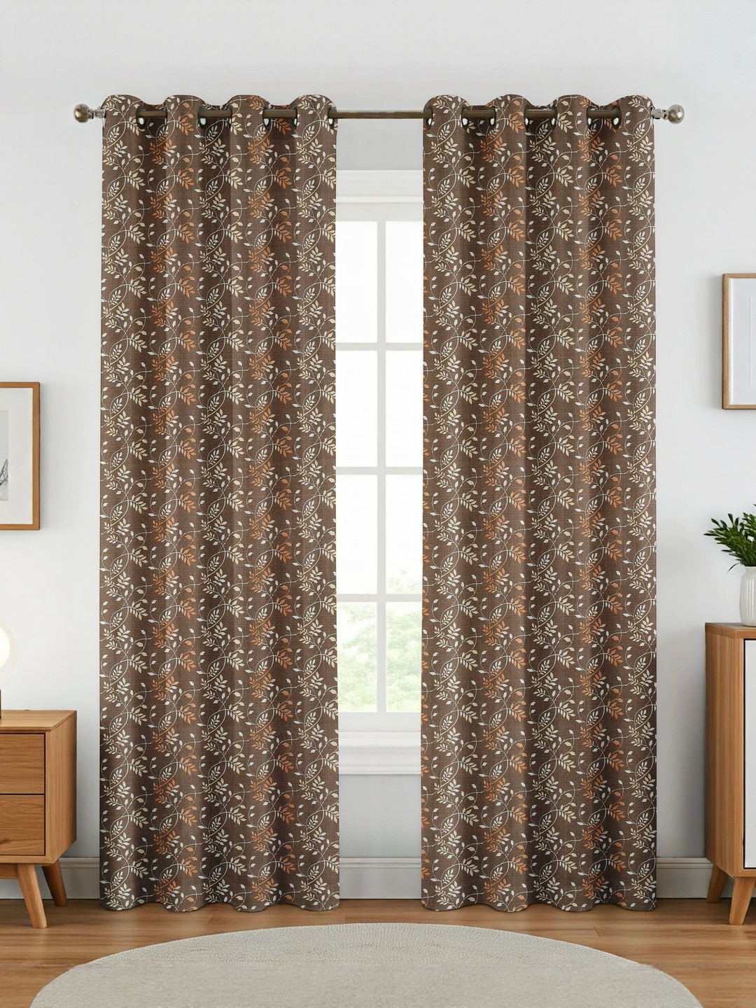 GEET CREATIONS Bail Coffee Brown & White 2 Pieces Printed Room Darkening Window Curtain