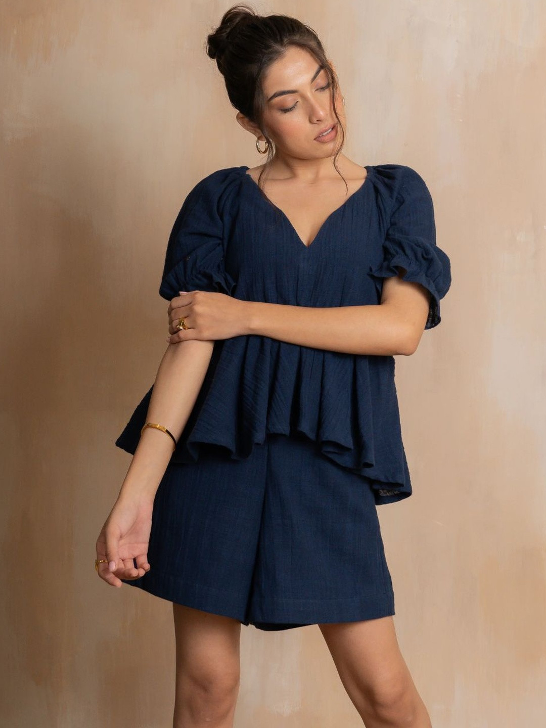 TRUE TONES Cotton Blend Puff Sleeve Peplum Top